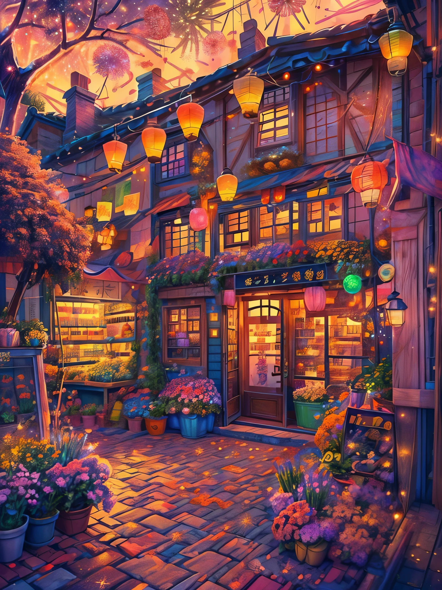 (Faraway view:1.8), ((at winter season))，(New Year&#39;s Day)，(fireworks in the night sky:1.8)，Quaint European village，(corner flower shop:1.5)，beautiful  flowers，warmly lit，(Filled with many colorful lanterns and New Year decorations:1.8)，Girl standing on charming cobblestone street, Bathed in the warm glow of street lights，Vines decorated with bright flowers climb up rustic buildings, Create scenes with natural beauty，The air is filled with the aroma of freshly baked bread from a nearby bakery.，(Depicted in delicate vector illustration style and flat style)