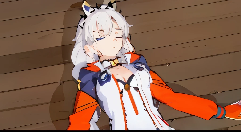 kiana kaslana, blue eyes,adult anime character kiana kaslana eyes closed passed out laying down the ground in a night with bunch props and furniture falling on the ground,