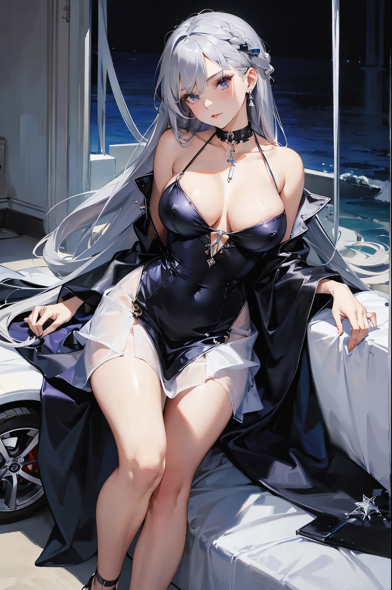 Sankta. lucky (Luxury wheels) (azur lane), 1 girl, hair adornments, 耳Nipple Ring, choker necklace, sportrait, silvercleavage dress, Clothing that exposes, view the viewer, Alone