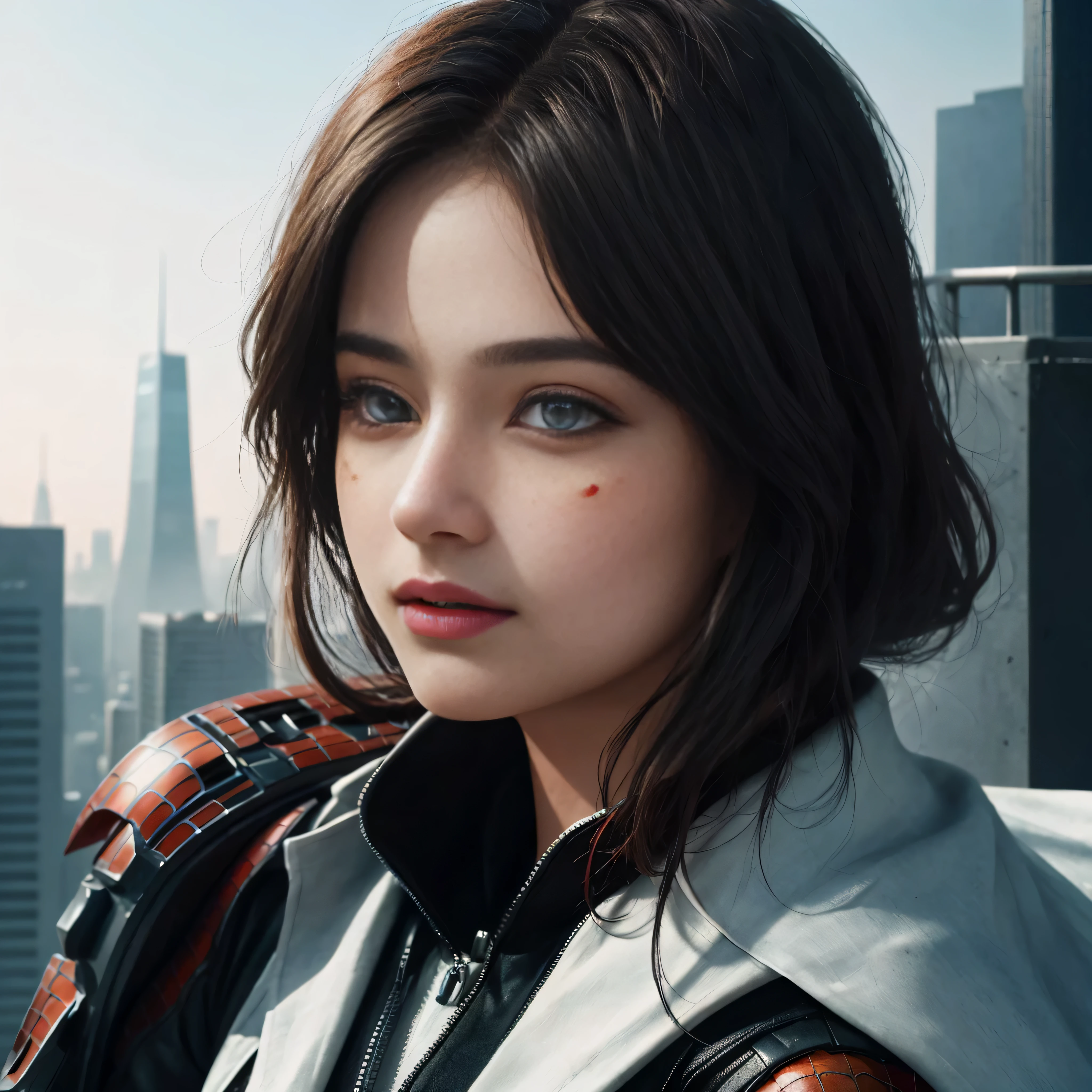 (1girl in:1.3), Solo, (((Very Detailed face)))), ((Very detailed eyes and face)))), Beautiful detail eyes, Body parts__, Official art, Unified 8K Wallpaper, super detailed, Beautiful and Beautiful, Beautiful, masutepiece, Best Quality, Original, masutepiece, Super Fine Photo, Best Quality, 超A high resolution, Realistic realism, Sunlight, Full body portrait, Amazing beauty, Dynamic Pose, Delicate face, Bright eyes when viewed from the front), she is wearing a Spider-man suit, Red and black color scheme, spider, very detailed city roof background, On the rooftop, overlooking a city, Detailed face, Detailed complex busy background, Messy, Gorgeous, Milky White, highly detailedskin, Realistic skin details, Visible Pore, Clear focus, Volumetric fog, 8K UHD, Digital SLR, High quality, Film grain, Fair skin, photorealisim, Lomography, Futuristic dystopian megalopolis, translucent