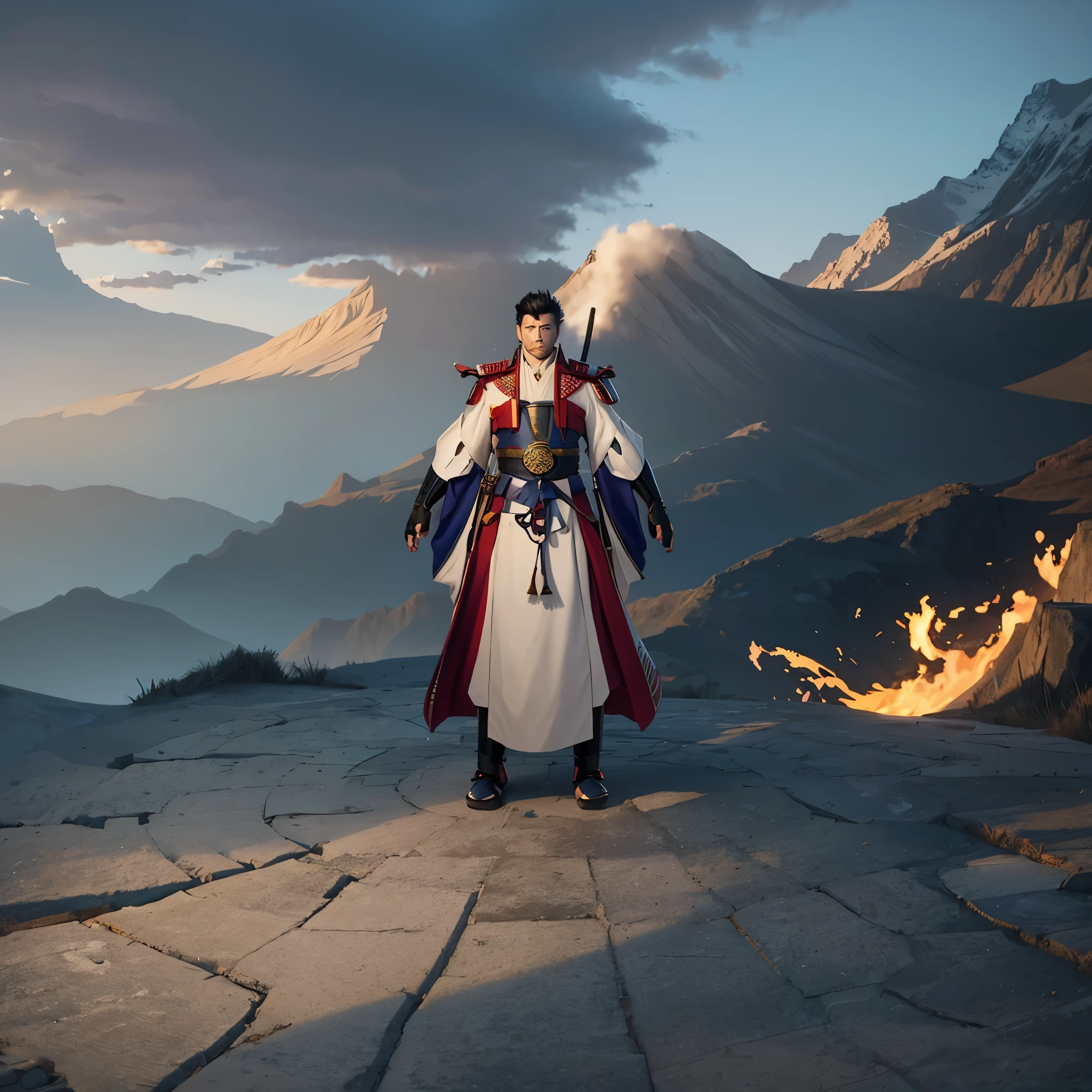 Drawing of a man wearing a samurai uniform, armour,male warrior,4K,Disney style,Heavy painting style,pleated style,