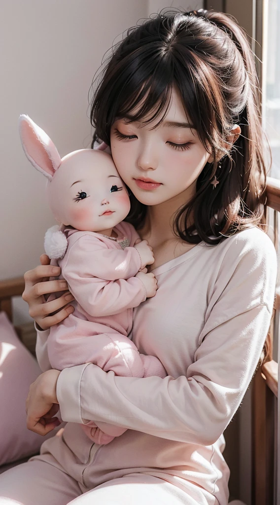Parents look at the baby in the cradle wearing a bunny hat and smile. The baby smiles and stretches out his hands like little pink elves flying around the parents.