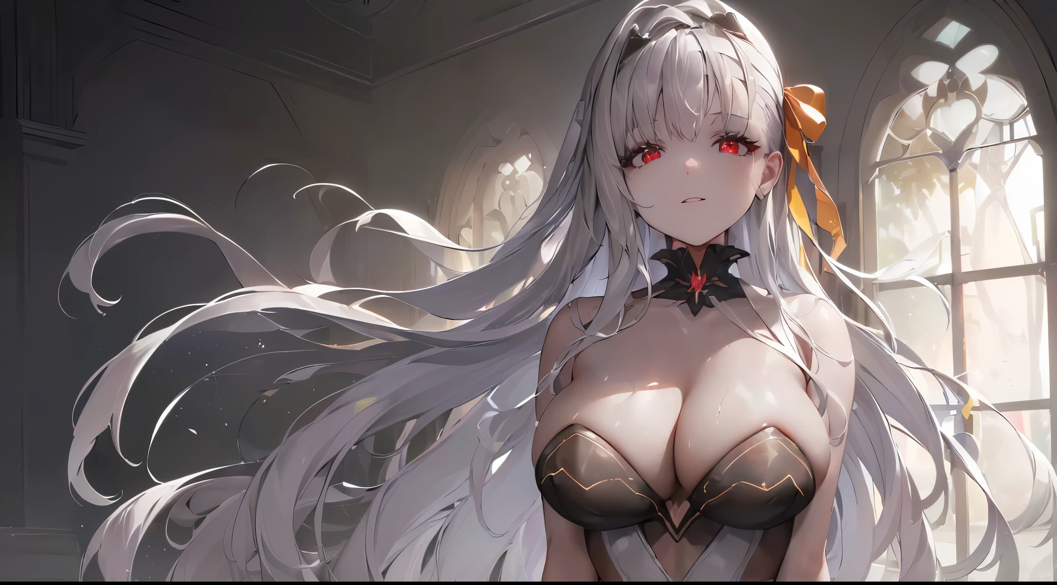 ((((Obra maestra, La mejor calidad, ultrahigh resolution)))), 1girl, standing, (cute maid costume), ((long silver hair, silver hair over eye)), long hair cut, pale skin, ((red eyes)), glowing_eyes, neon eyes, (ultra detailed eyes:0.7, beautiful and detailed face, detailed eyes:0.9), ((centered)), smile, ((wide shot)), facing viewer, ((vibrant background, bright lighting, summer, sunlight)), flat chested, looking at viewer, ((half closed eyes)), ((perfect hands)), (((head:1, arms, hips in view, elbows, arms, legs, in view))), ((hands behind back)), empty eyes, beautiful lighting, ((outside, outdoors)), defined subject, head tilt, (((gritty)), ((creepy)), ((cool)), ((beautiful)), (((SFW)))