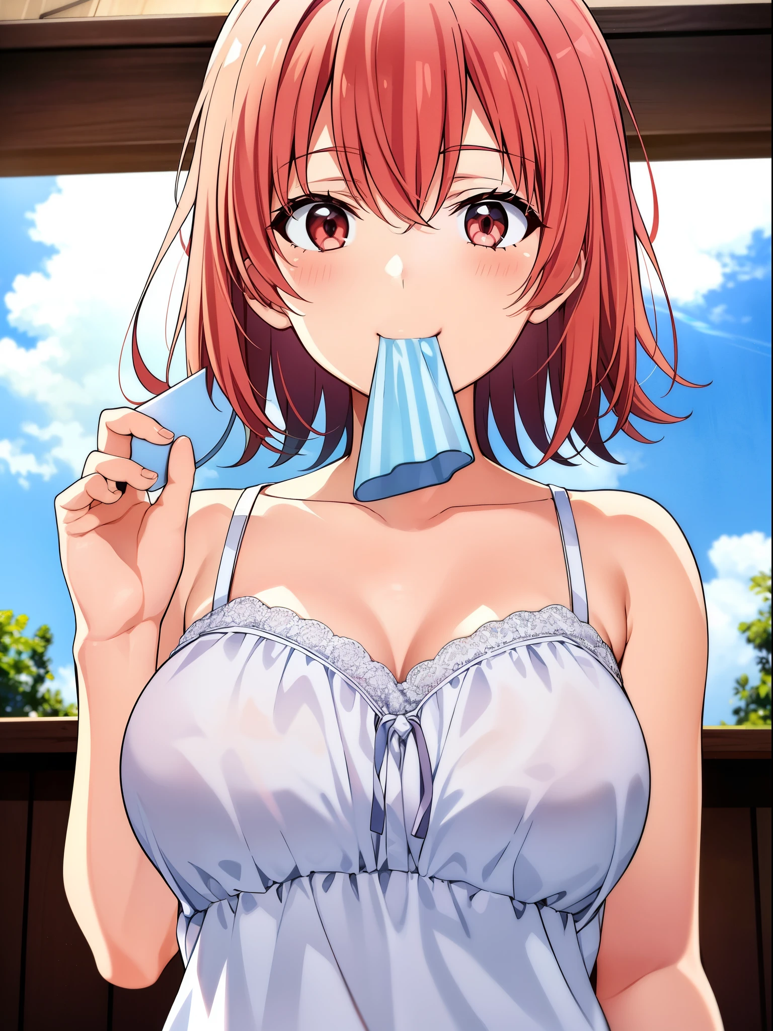 1 girl in, Yuigahama Yui, , short detailed hair, with pink hair, (The large),
(Best quality at best, A high resolution, 4K, Detailed lighting,
ssmile, Be red in the face, with her mouth open,
(Clear white camisole vest), Chopping,
No shoulder strap, ,
mid day, 夏天,
Enter the cloud,
