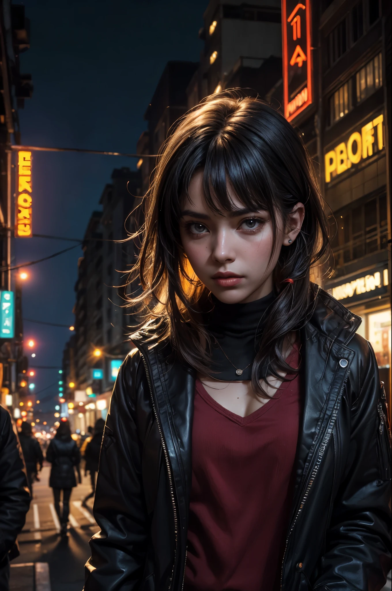 (a closeup:1.4),(Raw photography:1.2),(Photorealsitic:1.4),(masterpiece:1.3,(top-quality:1.4),
Highly detailed facial and skin texture, dutch angle portrait, 1girl, a woman in a cyberpunk style city background, night time. The environment is dark, with lighting that highlights the shadows. Buildings and distant lights are obscured by the night, producing trails of colorful and vibrant lights in the background. The camera is positioned at a dynamic angle, as if it were a film shot, giving a sense of action and suspense. 8k, uhd, cinematic shot
