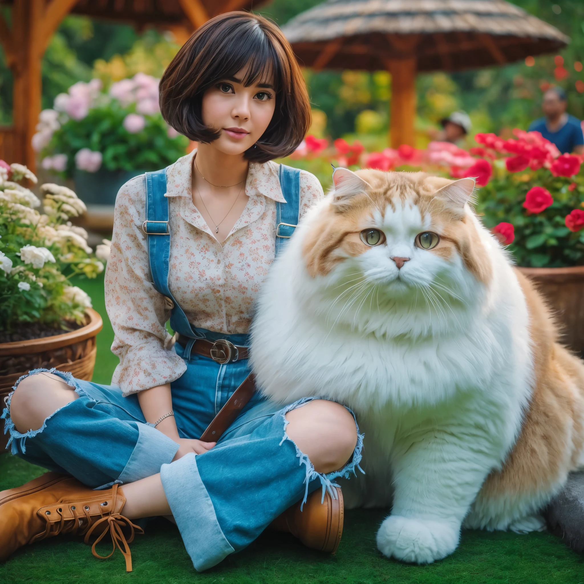 A woman sits next to a large, furry cat.