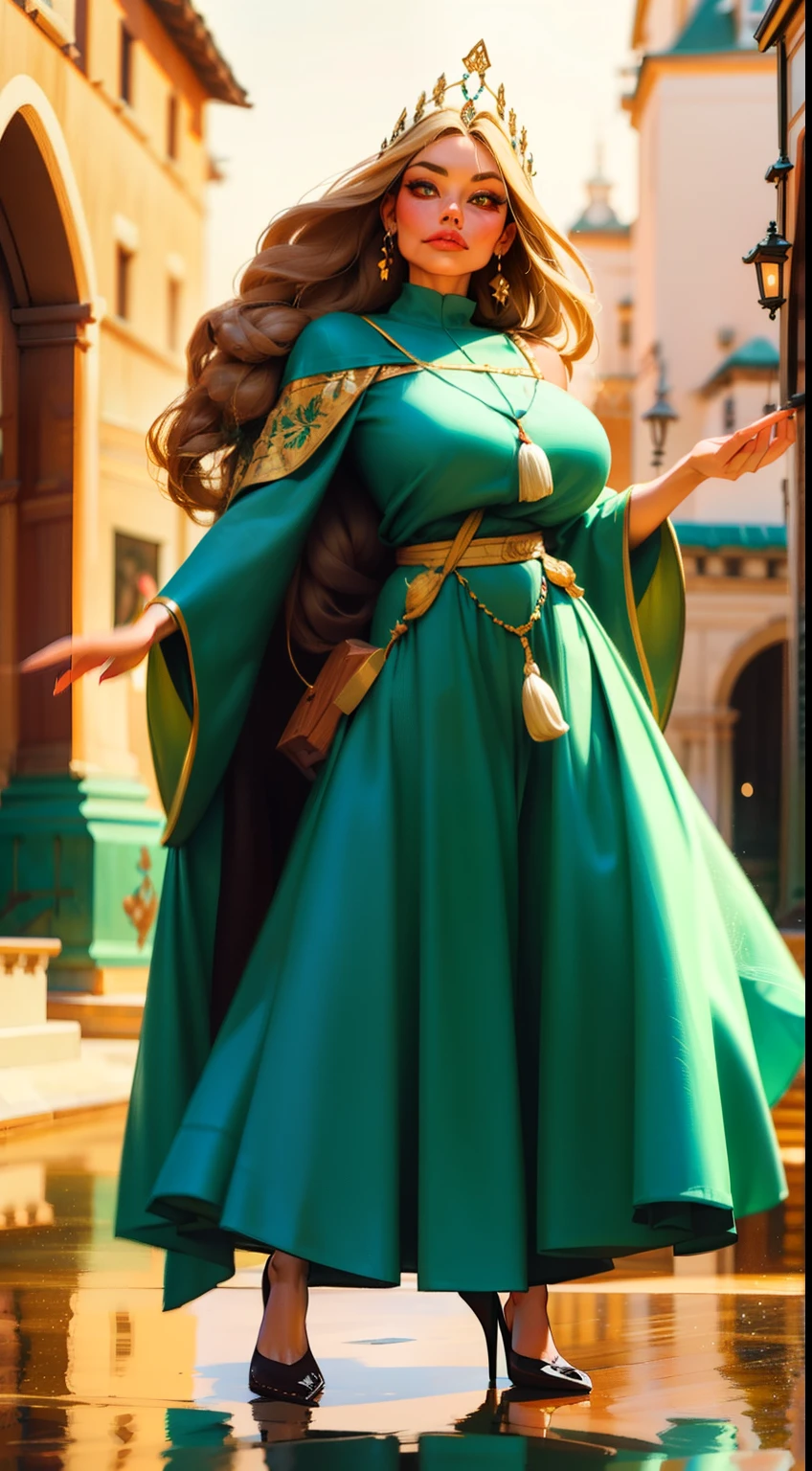 Elara, a medieval villager, emanates ethereal beauty with chestnut hair, gigantic breasts, emerald eyes, and a compassionate spirit as the village healer, Elara wears a flowing, earth-toned gown adorned with subtle embroidery, reflecting medieval fashion, while exuding simplicity, grace, and timeless elegance.