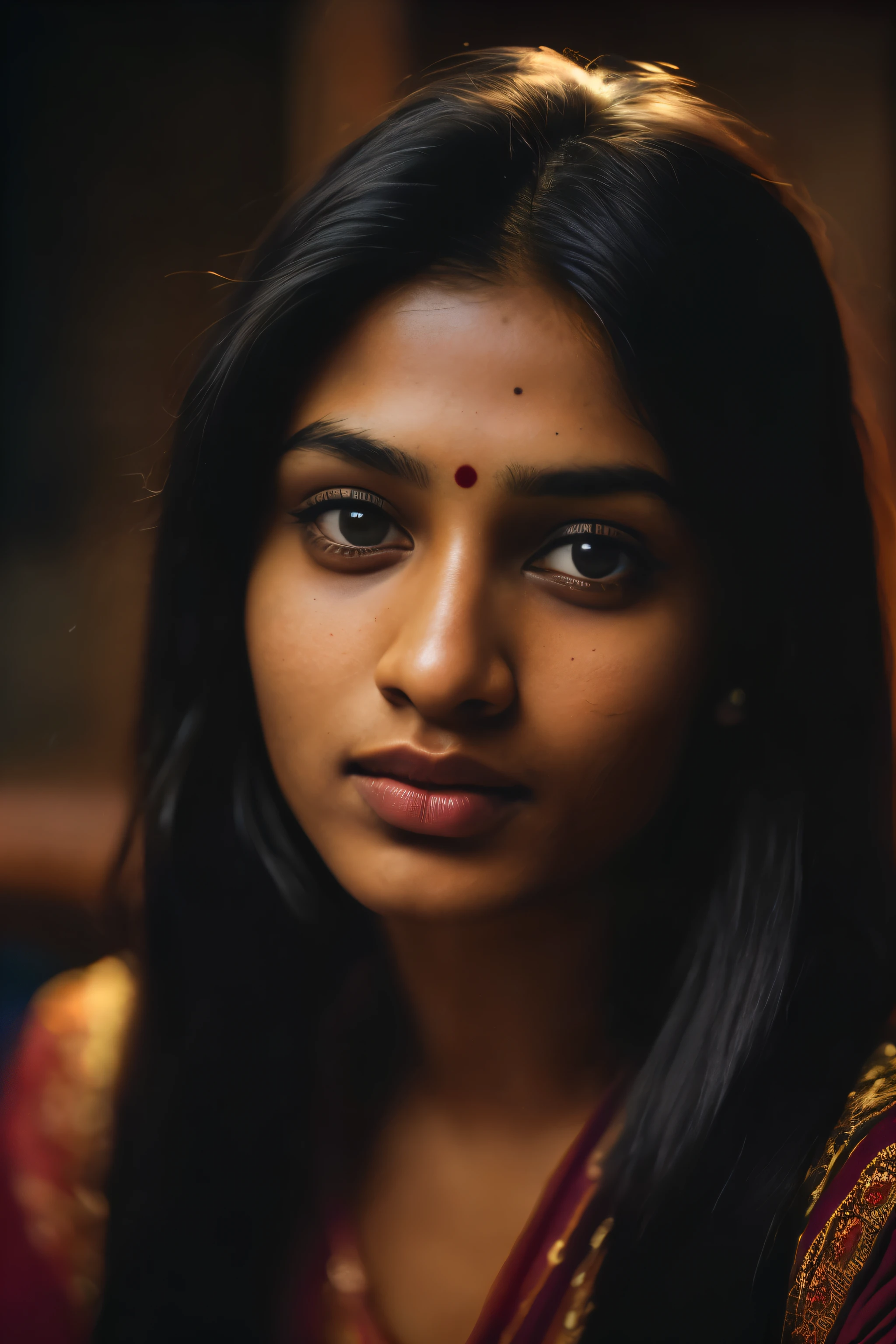 (close-up, editorial photograph of a 21 year old Indian woman), (highly detailed face:1.4) (smile:0.7) (background inside dark, moody, private study:1.OV, by lee jeffries, nikon d850, film stock photograph ,4 kodak portra 400 ,camera f1.6 lens ,rich colors ,hyper realistic ,lifelike texture, dramatic lighting , cinestill 800,