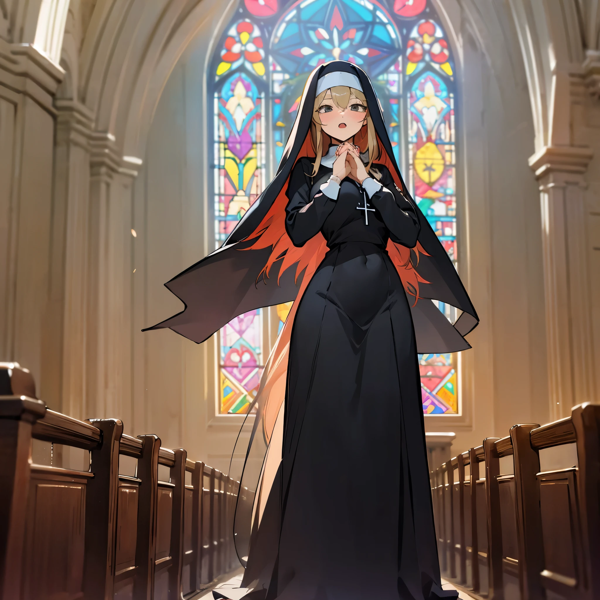 (solo 1 praying nun:1.3) standing in church, praying with holding hands together over chest, very thin, (black sheer long dress:1.5), (gigantic breasts:1.3), (bursting breasts:1.2), (black sheer long skirt:1.4), inconceivably thin waist, closing eyes, nose blush, open mouth, (heavy breathing:1.2), stained glass, full body, 8k, ultra-detailed, masterpiece, (see-through)