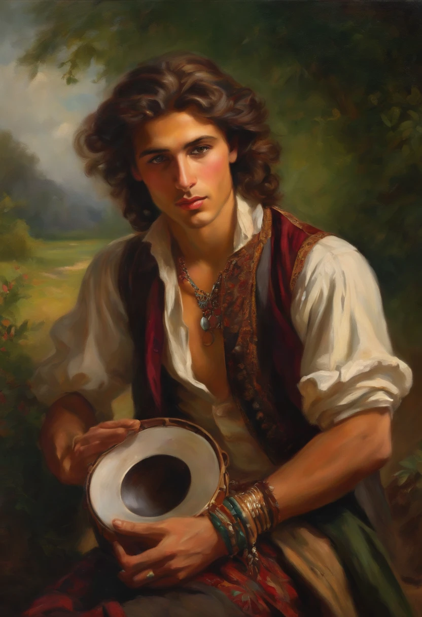 Baroque style painting of a young gypsy, earrings and bracelets, beautiful and strong young man, dressed in a vest, shirt and pants in the style of the Victorian Era, green eyes, long, silky, brown hair falling over his shoulders, ((playing a gypsy tambourine near a fire in a gypsy camp)).