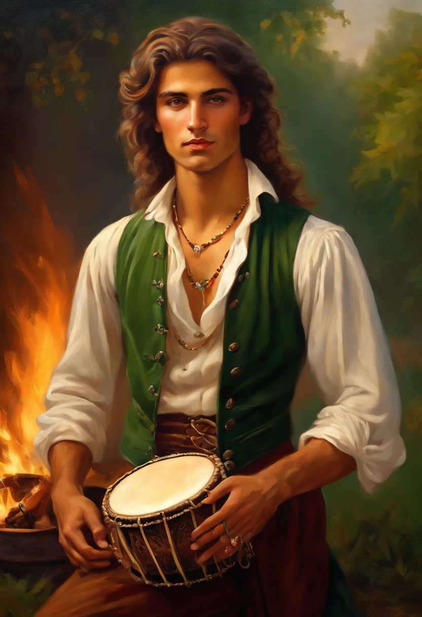 Baroque style painting of a young gypsy, earrings and bracelets, beautiful and strong young man, dressed in a vest, shirt and pants in the style of the Victorian Era, green eyes, long, silky, brown hair falling over his shoulders, ((playing a gypsy tambourine near a fire in a gypsy camp)).