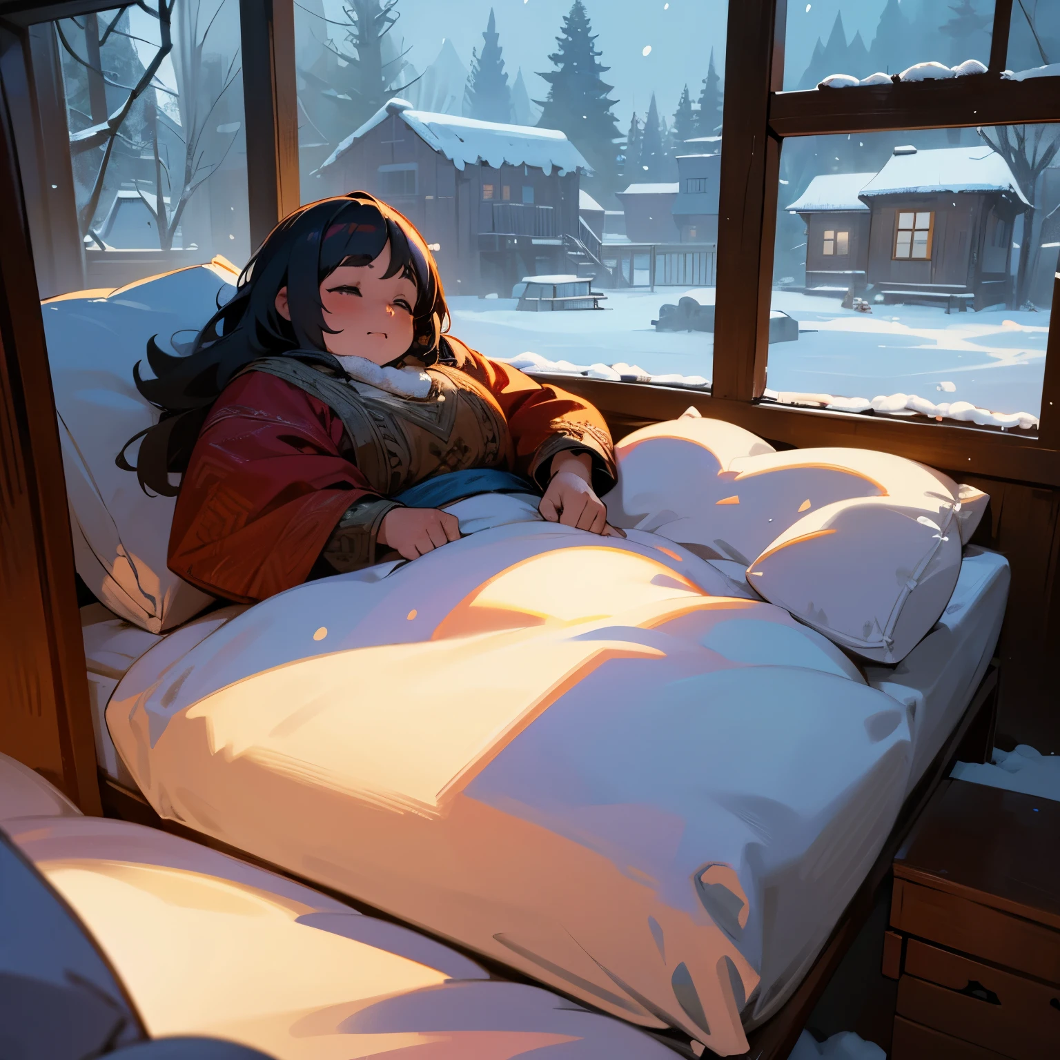 A plump dwarven woman is teetering on the brink of sleep, lying in bed in a warm, old-fashioned wooden house. Outside the window, it's a cold winter with snow falling and the onset of a darkening night