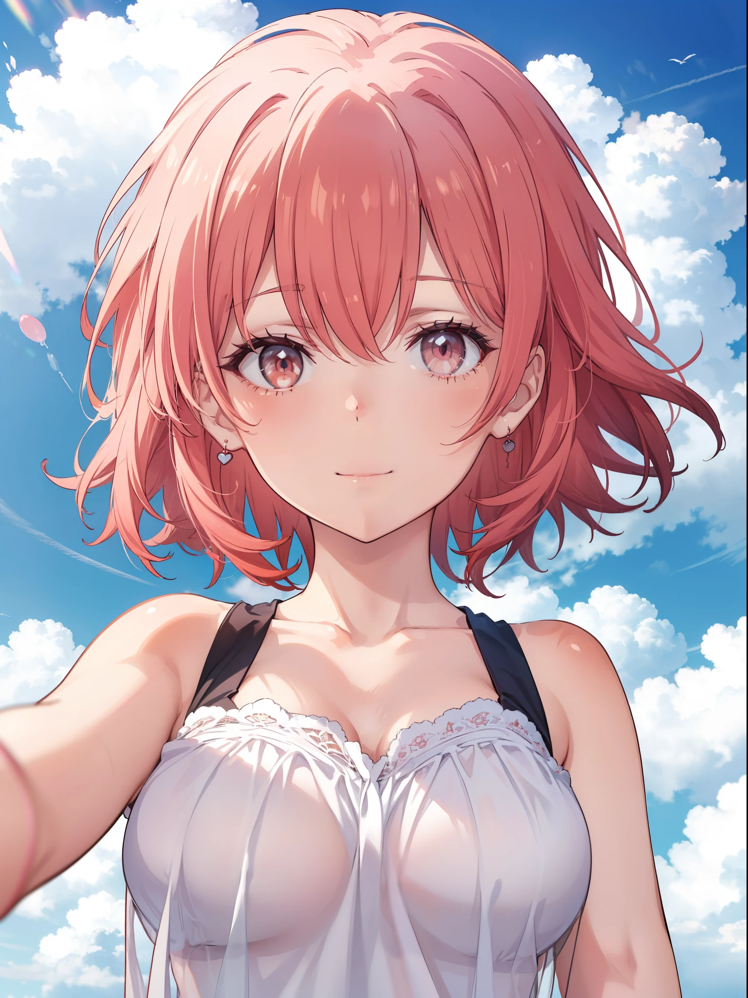 1 girl in, Yuigahama Yui, , short detailed hair, with pink hair, (The large), 
(Best quality at best, A high resolution, 4K, Detailed lighting, 

ssmile, Be red in the face, with her mouth open, 
(Clear white camisole vest),perspiring, 
No shoulder strap, Don't wear it, 
mid day, 夏天,
Enter the cloud,