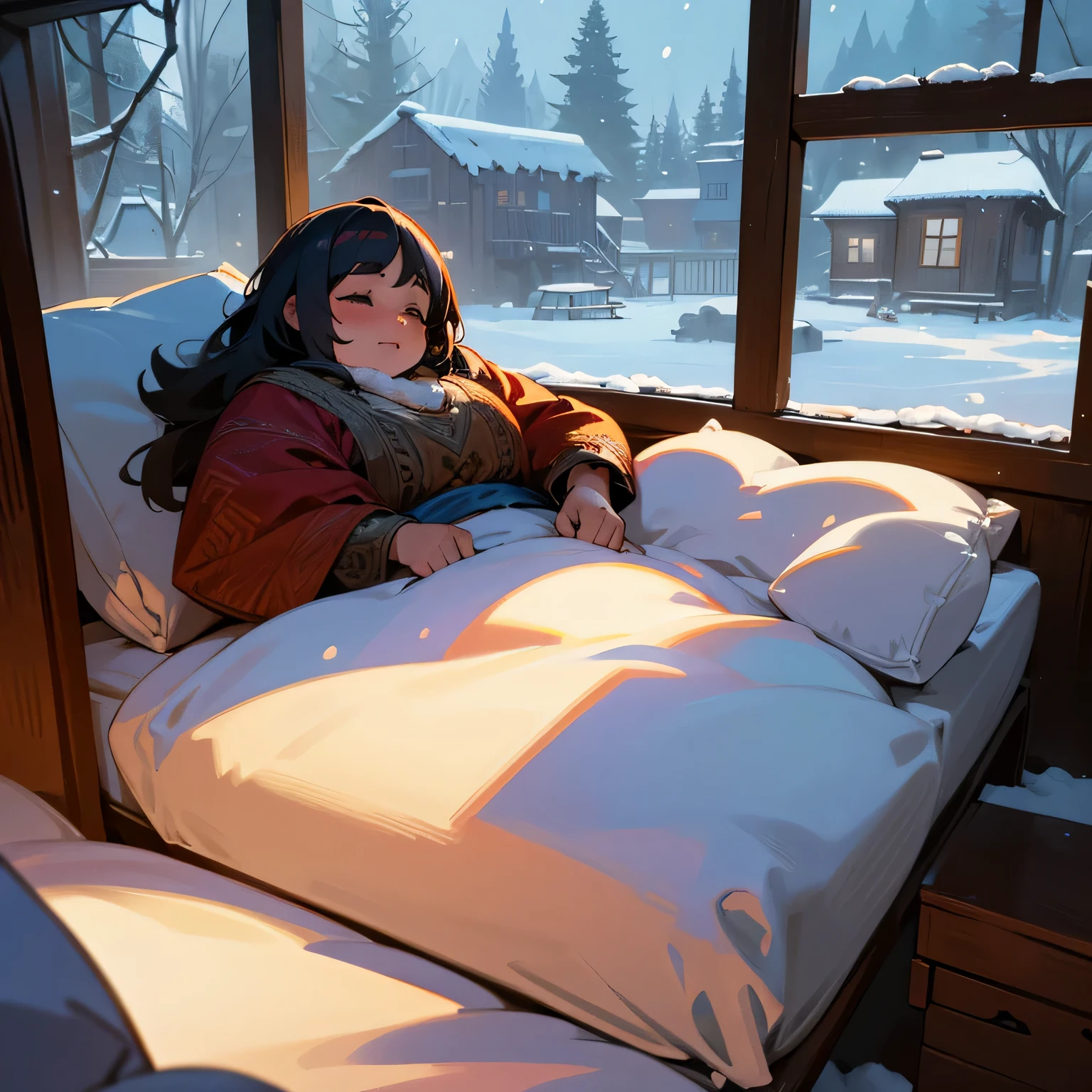 A plump dwarf woman is teetering on the brink of sleep., lying in a warm bed, antique wooden house. outside the window, It&#39;s a cold winter with snow falling and dark nights starting.