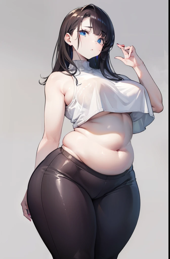 ((
masterpiece,
Highest quality,
))
perfect condition,
perfect shape,
flawless beauty,
curvaceous,
beautiful skin,
beautiful belly,
hips up,
thick thighs,
sweet, round belly, love handles, dark hair, 0erfect skin, pale skin, blue eyes, freckles, crop top, leggings, long hair