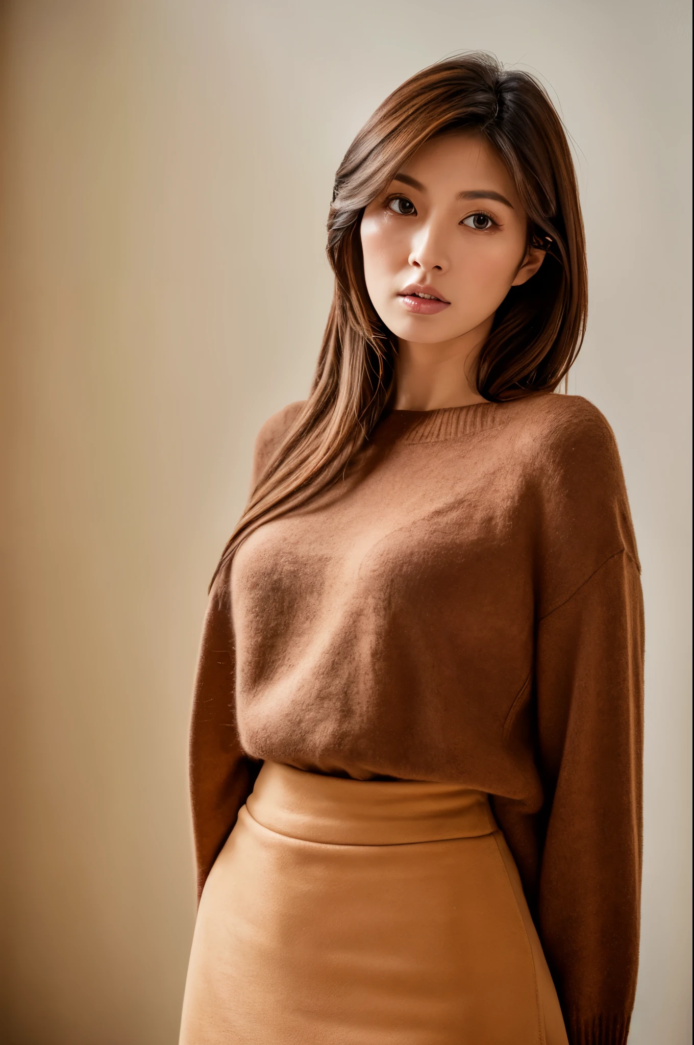 masuter piece, top-quality, masterpiece, hight resolution, Photorealsitic, sharp, Raw photography, 8k wallpaper, flawless, profetional lighting, ighly detailed, depth of fields,Pale solid color background, ((one beautiful women, japanese mature)), (18year old)), Female sexy, Detailed face, beautidful eyes, bangss, small breasts of good shape, Light Brown Straight Hair, Faint lips, ((standing at front、Staring at the viewer, serious face eyes.)), Sweaters, skirt by the, fully body photo, cowboy shot