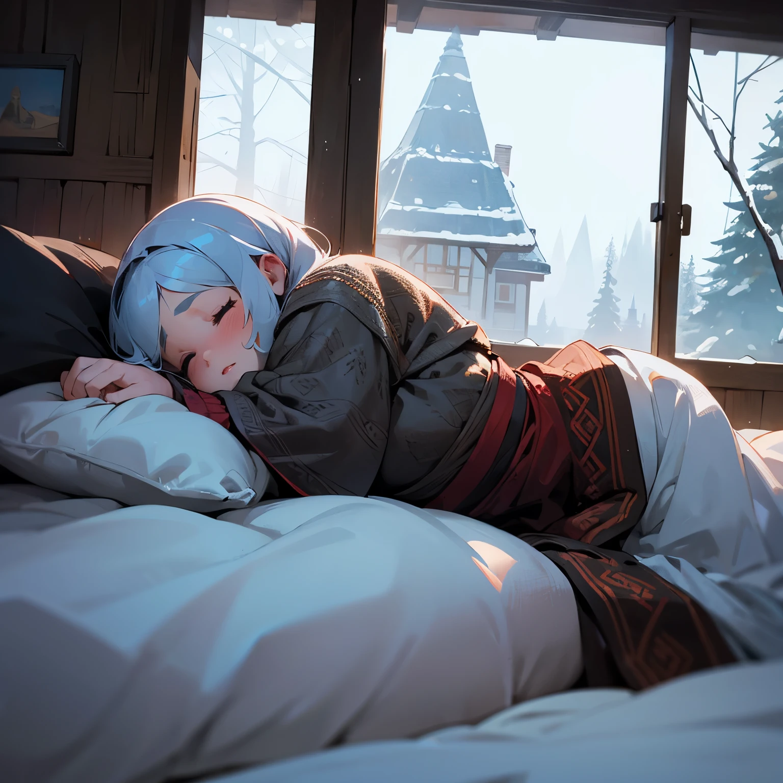 A plump dwarven woman is teetering on the brink of sleep, lying in bed in a warm, old-fashioned wooden house. Outside the window, it's a cold winter with snow falling and the onset of a darkening night