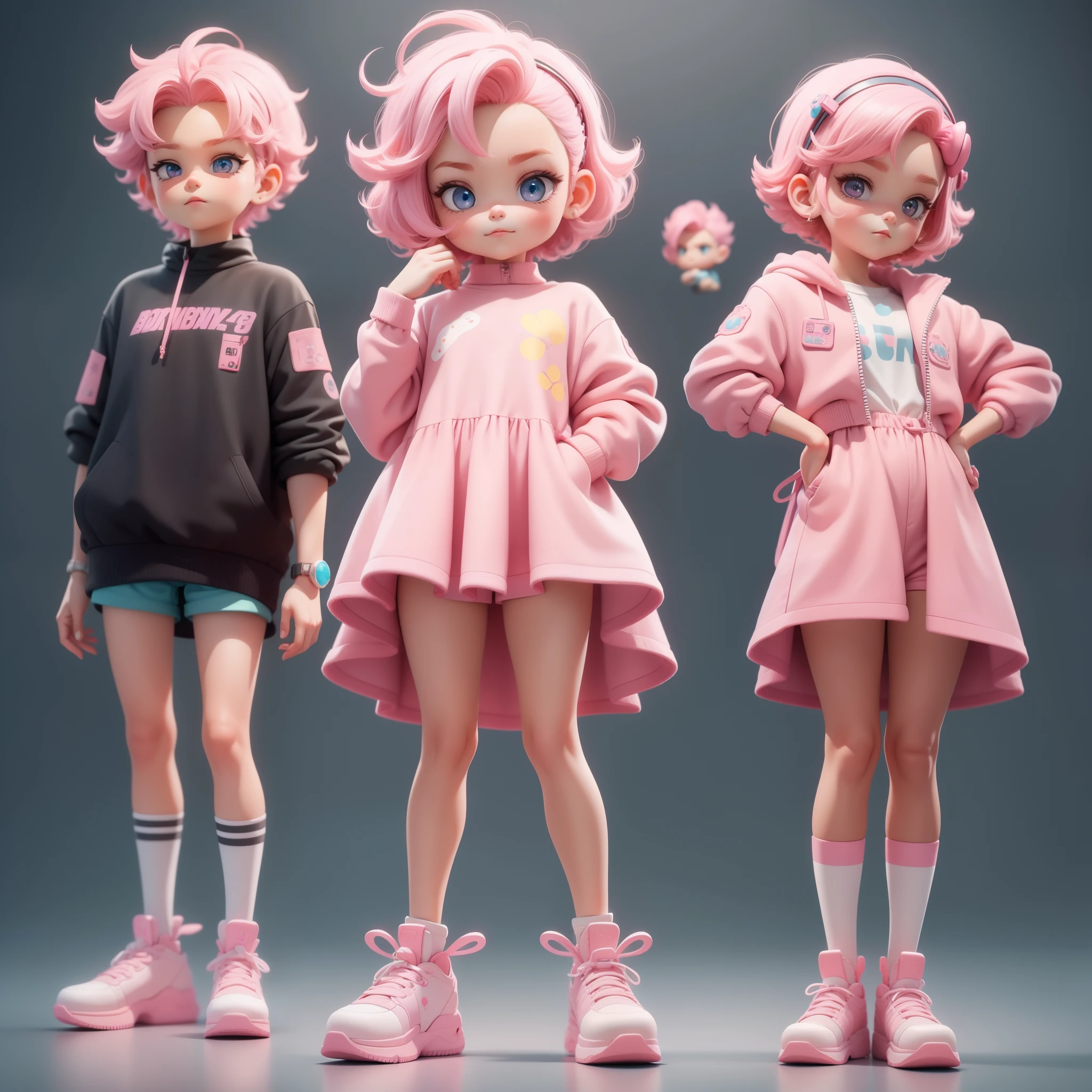 1 cute boy，very short detailed pink hair，Dreamy cute hair accessories Popmart blind box，IP design，Clean bright background 3D rendering，oc rendered，Ultra-fine detailine glosull bodyesbian，standing on your feet