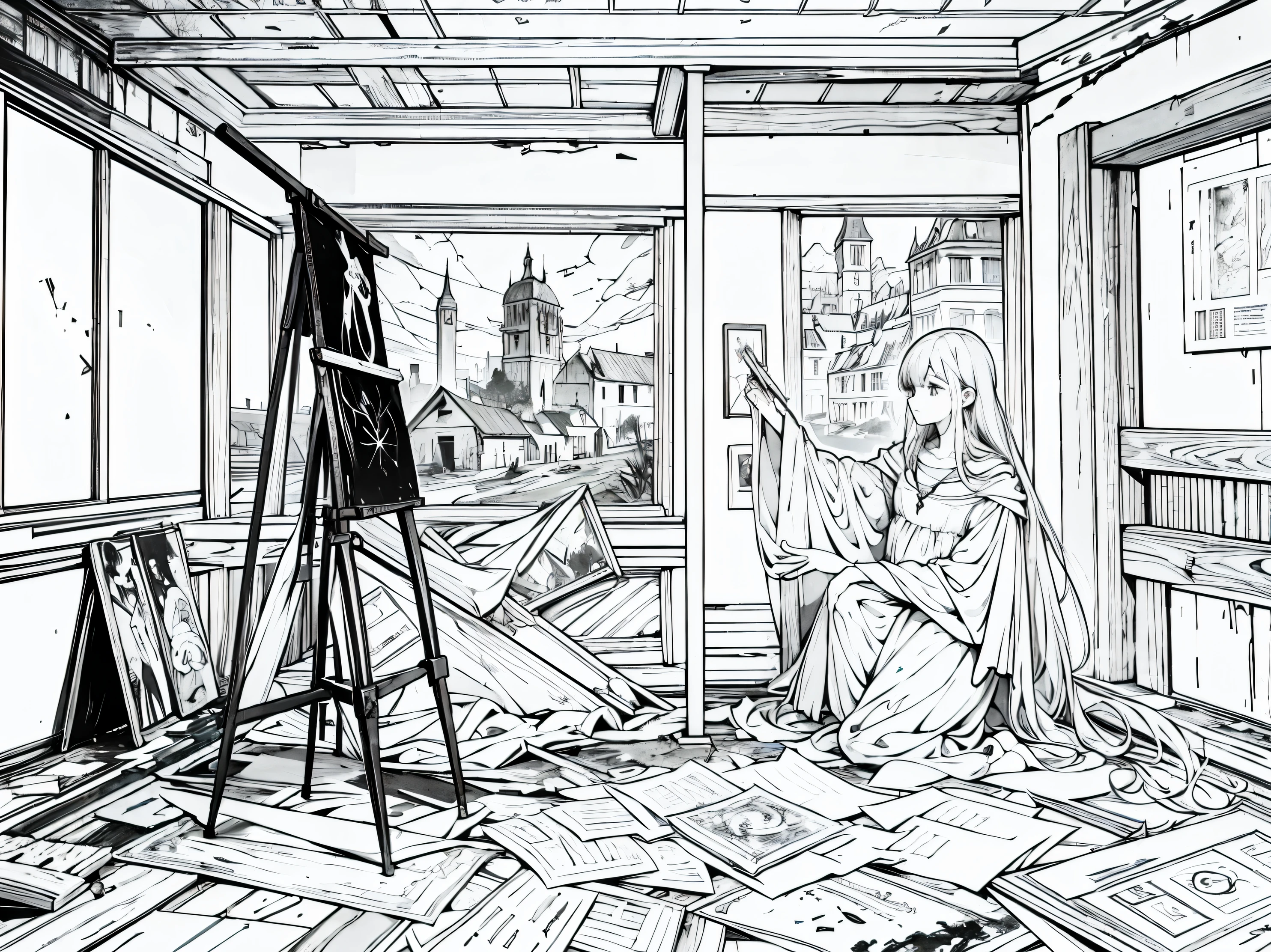 black and white line drawing style，Abandoned gallery in western medieval city，There are many abandoned paintings and easels，Placed in a mess.， Line style，Not dark and shabby，Matchstick man，pen painting，Easels are arranged in a messy manner，many easels，tripod，No cluttered lines，HD high image quality，4K