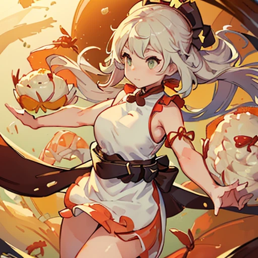 A girl wearing large dumplings floats with a belt of large spring rolls.、Amazing dynamism、Amazing Angle、unstable buoyancy sandstorm、(((Many friendly large shrimp dumplings are floating densely and multiplying.)))、(((surround each other'extra large crab fried rice)))