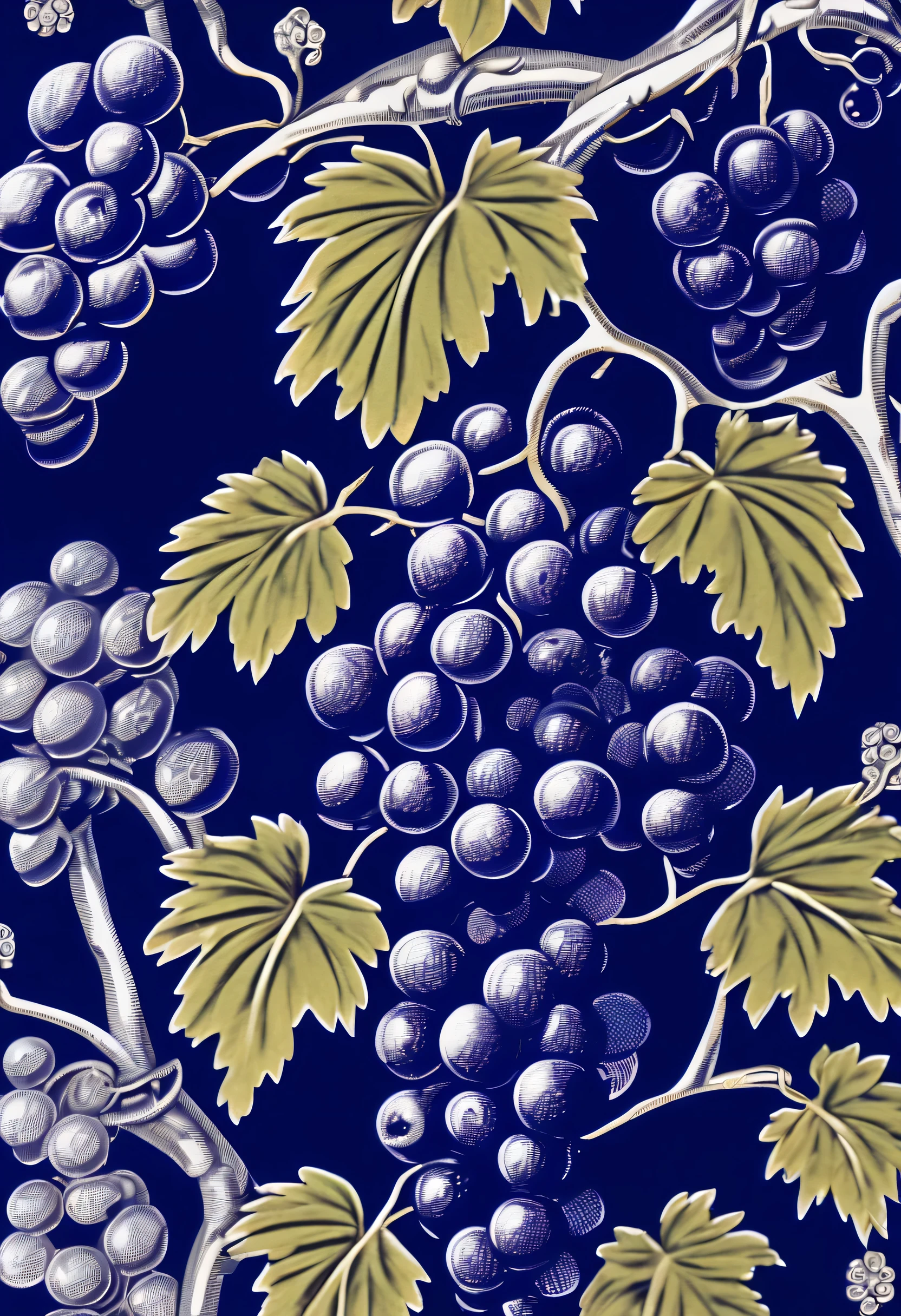 Berry branch with grapes on it, Intricate woodcut design style, three dimensional, knowledge sharing attribution, silver and indigo, a line drawing, tropical symbolism, Nikon f3
