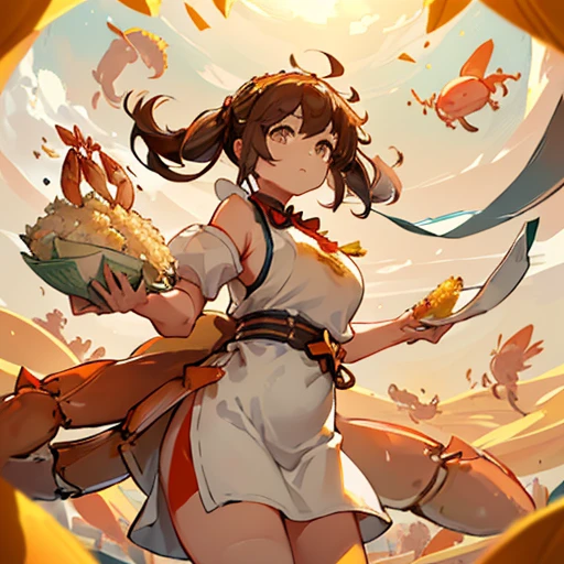 A girl wearing large dumplings floats with a belt of large spring rolls.、Amazing dynamism、Amazing Angle、Unstable high-altitude buoyant sandstorm、(((Many friendly large shrimp dumplings are floating densely and multiplying.)))、(((surround each other'extra large crab fried rice)))