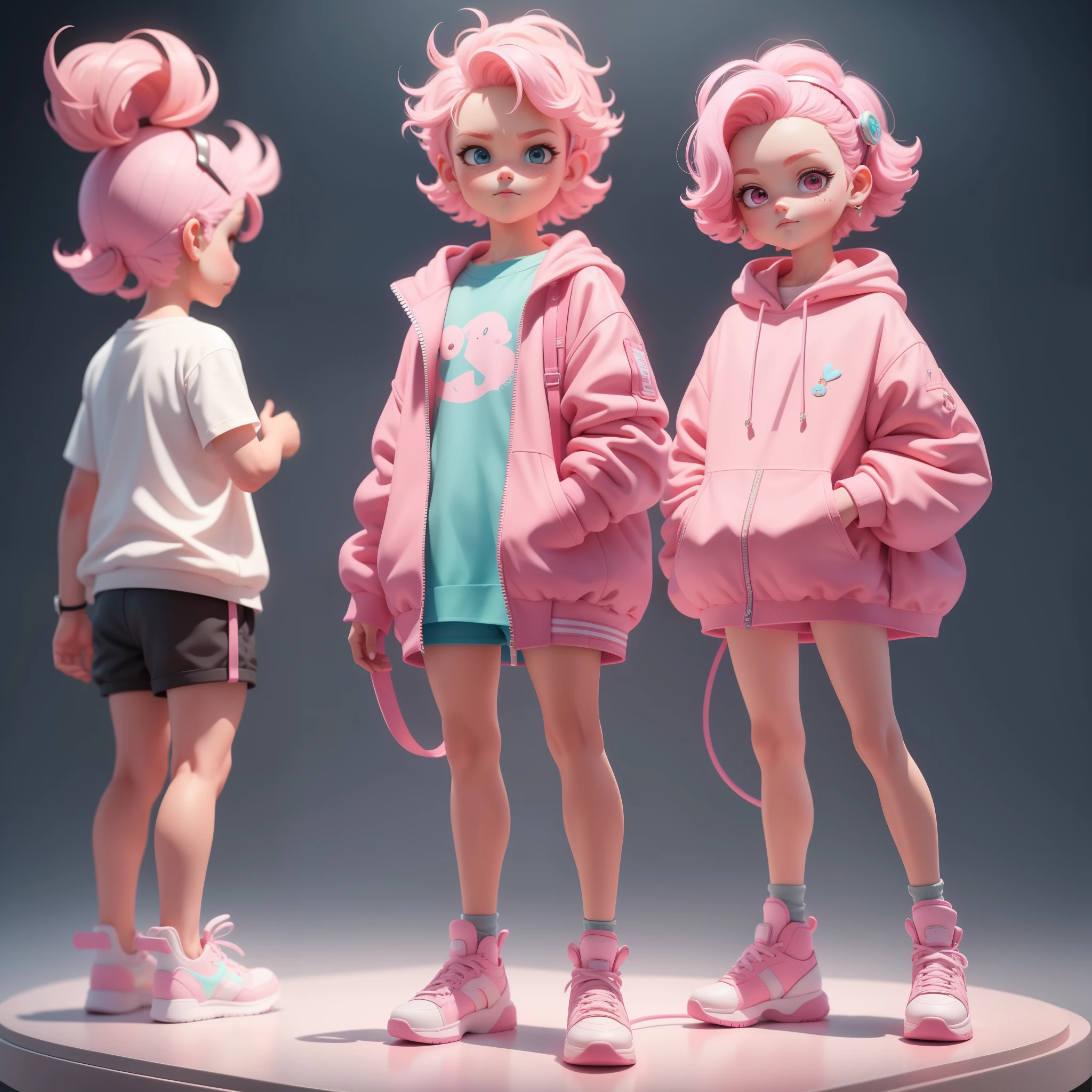 1 cute boy,very short detailed pink hair,Dreamy cute hair accessories Popmart blind box,IP design,Clean bright background 3D rendering,oc rendered,Ultra-fine detailine glosull bodyesbian,standing on your feet