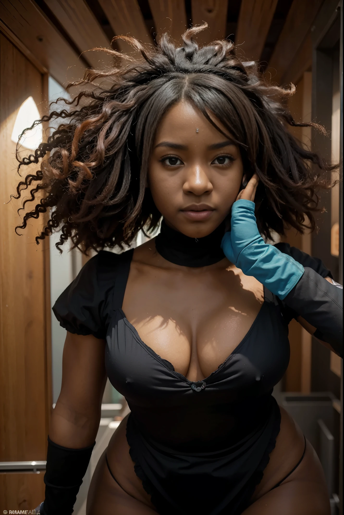 cria uma capa de anime cG diferentes capa de estilo de anime basea ( anime )baseado no rstilo de anime Nier: Automata Ver1.1a,AFO personagem feminina negra afro de olhos vendado, Hands , lama preto tocando o rosto inssano, que possui neon azul vestindo tub top de freiras de uma cor vermelha ,ela está voando fazendo pose dinâmicos com as Hands,title the servant gigas based on the anime style Netflix series 4 images character looking forward first person front view