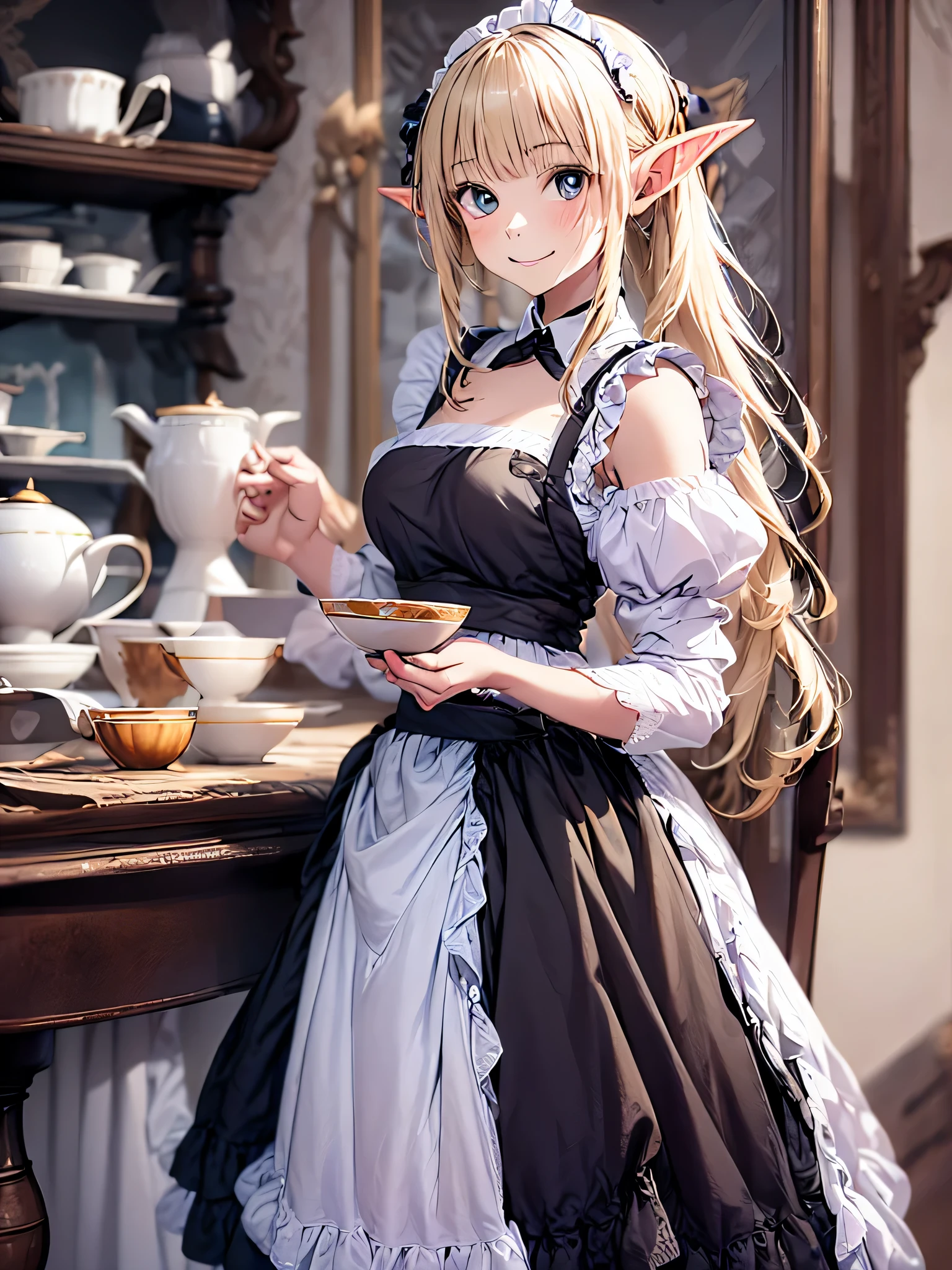 elf girl solo, smiling gentry,  silver blonde twintail hair, black long maid dress, She is drinking tea in an antique teacup