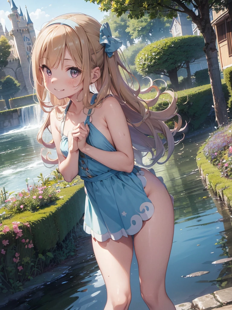 photo realistic, (masterpiece,best quality:1.4),(8k,raw photo,photo realistic:1.2), detailed skin, detailed face,1girl,Japanese idol,cute face, , Not Safe for Work, (raw photo, photo realistic: 1.2),
(((nude))), (((NO panties))),nipples, pussy, anal, (((No cloth))) ^_^, happy, smile ,medium bob, (((standing))), blonde hair, ((wavy hair)), long hair, little girl yo, lace hairband, Flat chest, beautiful legs, beautiful hands,
yumekawa,yumekawaii,pastel color,(wonderland garden:1.3),rainbow waterfall,dripping ink,imagination,(Castle:1.4),