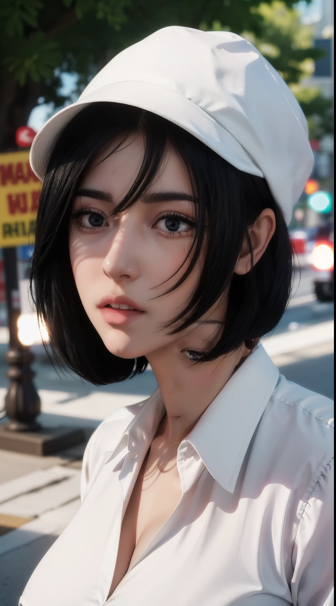 letterboxed, outdoors, on the street,
white headwear, collared shirt, white shirt,
black eyes, black hair, Short_hair,Hair between eyes, 
1 girl, 20yo,Young female,Beautiful Finger,Beautiful long legs,Beautiful body,Beautiful Nose,Beautiful character design, perfect eyes, perfect face,expressive eyes,perfect balance,
official art,extremely detailed CG unity 8k wallpaper, perfect lighting,Colorful, Bright_Front_face_Lighting,shiny skin, 
(masterpiece:1.0),(best_quality:1.0), ultra high res,4K,ultra-detailed,
photography, 8K, HDR, highres, absurdres:1.2, Kodak portra 400, film grain, blurry background, bokeh:1.2, lens flare, (vibrant_color:1.2),professional photograph, 
(Beautiful,large_Breasts:1.4), (beautiful_face:1.5),(narrow_waist),