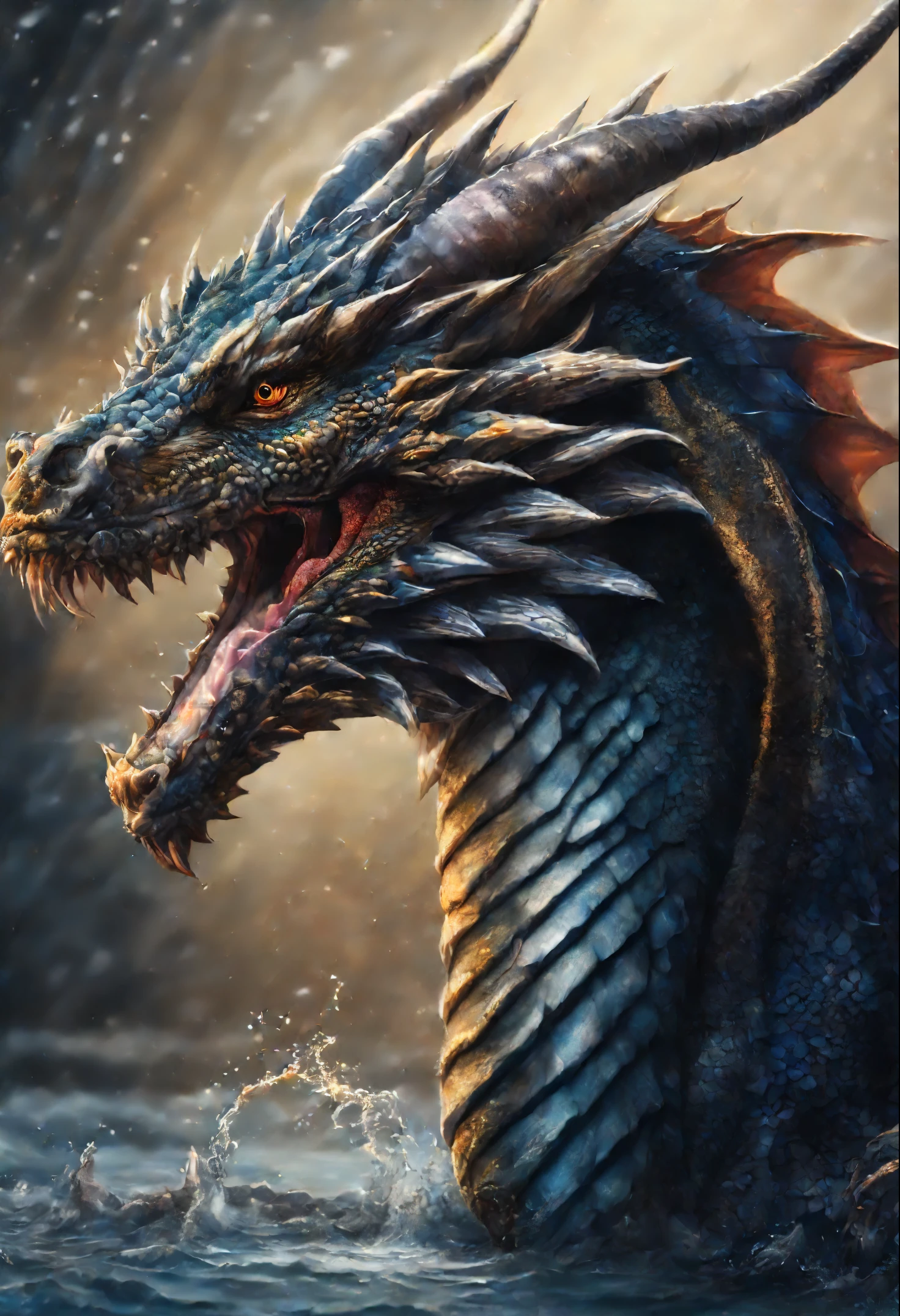 Majestic dragon. Super realistic, super details, splash water in he face