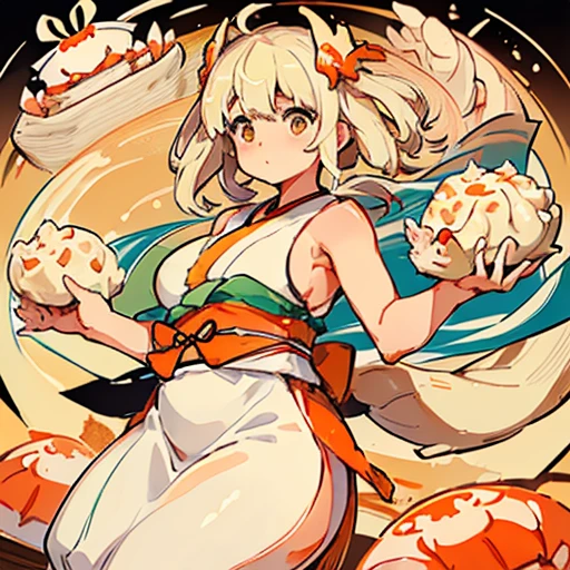 ((A large gyoza girl wearing a large spring roll obi))float、Amazing dynamism、Amazing Angle、unstable buoyancy sandstorm、(((Many friendly large shrimp dumplings are floating densely and multiplying.)))、(((surround each other'extra large crab fried rice)))
