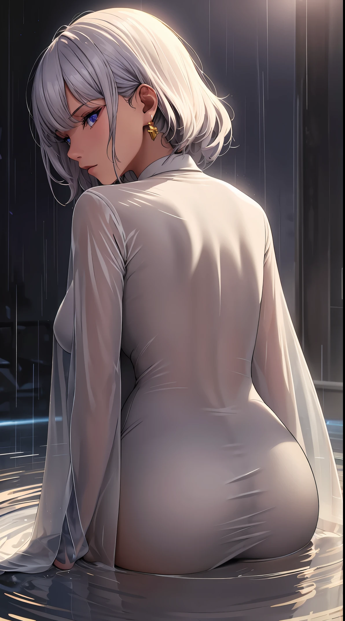 (Best quality at best:1.5, A high resolution, hyper HD, 4K, Detailed lighting, Shaders), white and hair, Gradient hair, , Transparent set, Transparent gray shirt, Transparent social shirt, short transparent dress, Mature woman , (Perspectives), white backgrounid, Colorful eye shadow, dramatic lights, sparkling eyes, gold earring, floated hair, exquisite facial features, Dark skin, with high cheekbones, rained,  enviroment, white backgrounid, Don&#39;t look for the camera, lean over, full bodyesbian, Watching from behind, wet from rain,