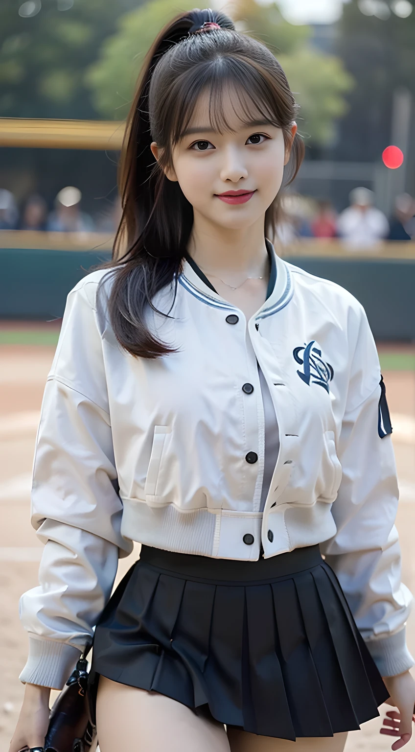 Nikon RAW photo,8 k,Fujifilm XT3,masterpiece, best quality, realistic, photorealistic,ultra detailed,1girl,solo, Wjsn Eunseo,
wearing (((baseball uniform)),trouser, sexy, erotic,seductive, mature female,thick body, milf, mature woman, maturebody,  short hair, (gigantic breasts:1.2), skindentation, tall ,narrow waist, thighs, wide hips,eyeliner, eyelashes, perfect face, detailed eyes, facial lighting, indoor stadium, audience, crowd, looking at viewer(masterpiece, high quality:1.2),