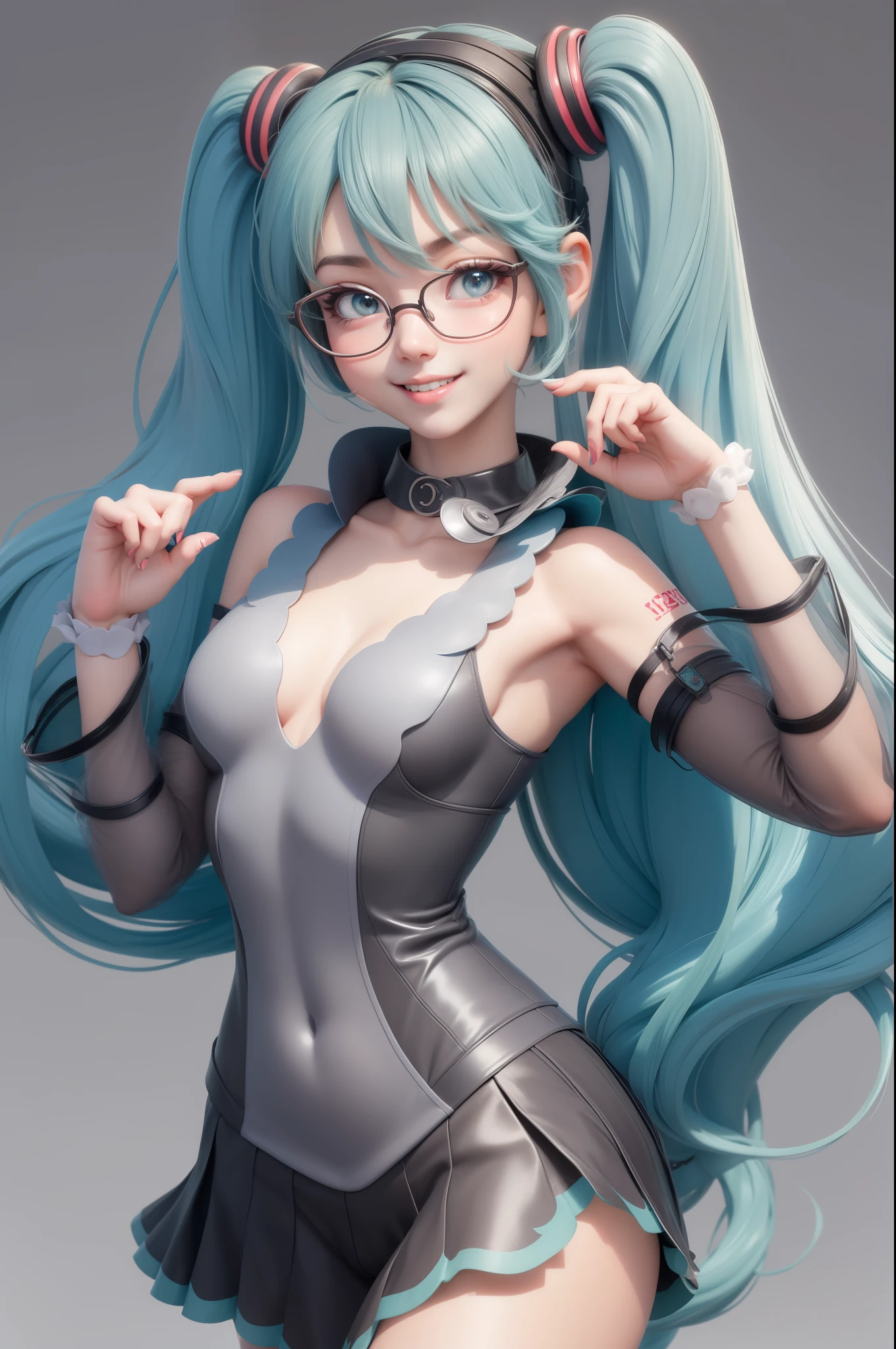 miku hatsune,1 cute girl (18year old) Glasses, Upper body, Slim waist, Natural small breasts, impact pose, fascinated expression, Bangs, Random hairstyle, cleavage, Navel, Collar, Collarbone, off shoulders, Seductive smile, wear hot and sexy outfits, Geisha costume, Random Light Color, Upper body. Flat gray color of the background