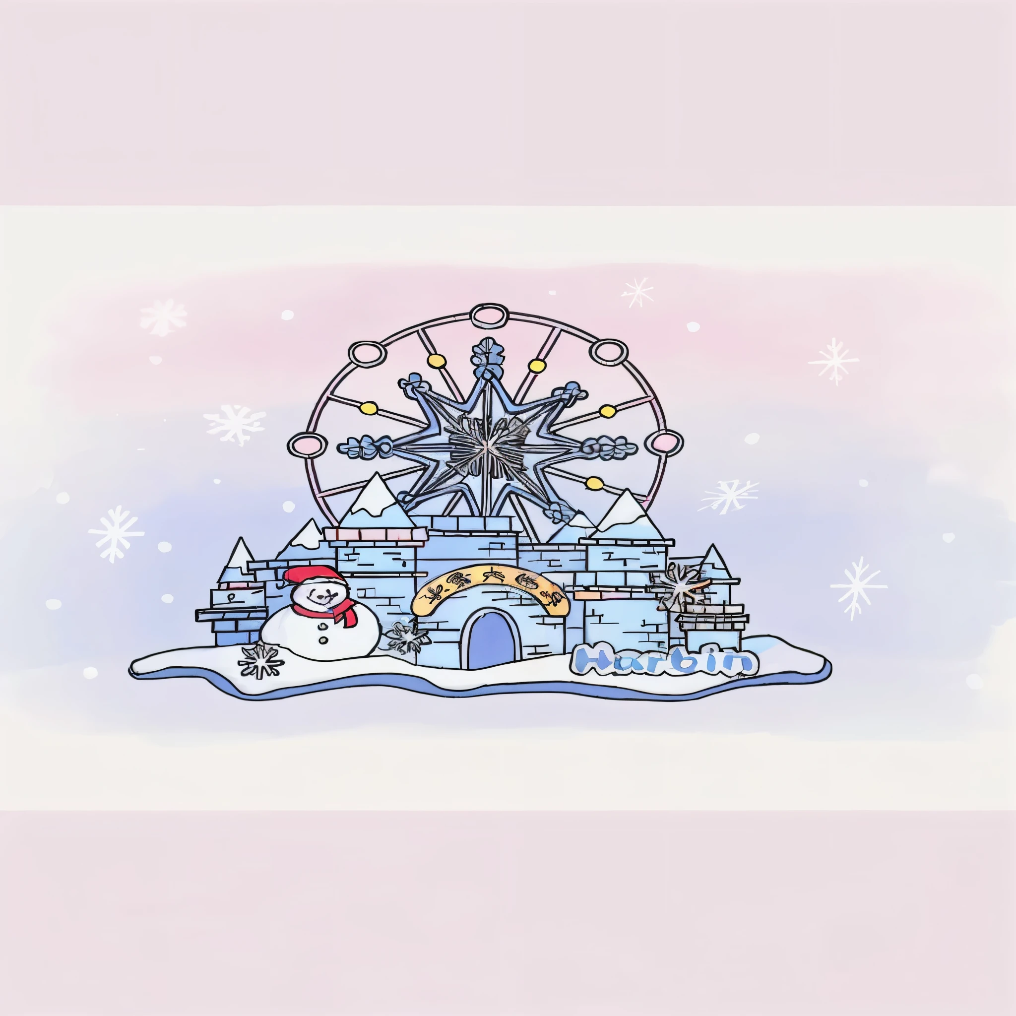 There is a snowman and a Ferris wheel in the snow, fairy tale style background, In the background is Disneyland Castle, fairy-tale illustration style, castle in background, It's snowing in the city,There's a lot of snow, dark pastel castle background, Snowy winter Christmas Eve, colorful illustrations, winter time, fantasia de cena de inverno, castle background, castle in background, winter park background, vacation