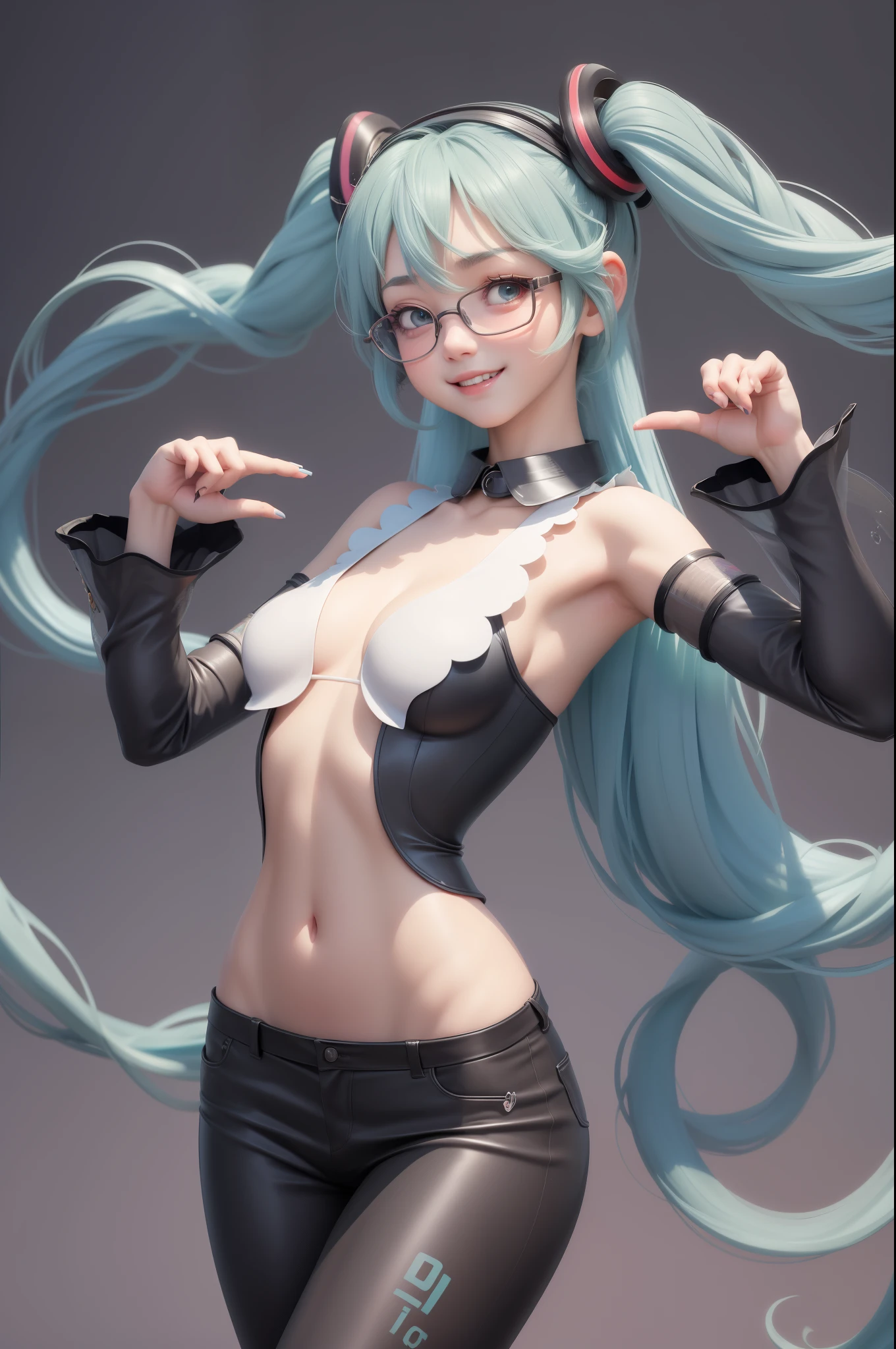 miku hatsune,1 cute girl (18year old) Glasses, Upper body, Slim waist, Natural small breasts, impact pose, fascinated expression, Bangs, Random hairstyle, cleavage, Navel, Collar, Collarbone, off shoulders, Seductive smile, wear hot and sexy outfits, Geisha costume, Random Light Color, Upper body. Flat gray color of the background