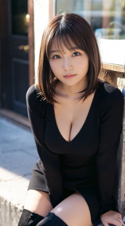 (Photorealistic), (ultra high realistic), (Ultra high definition), (ultra high detailed), (Increase contrast), (Increase saturation), ( girl、a small face、Extremely beautiful face, natural make up)(fair white skin)(sparkly eyes)A pretty woman with perfect figure, Spoiled look,, (Lifelike face), a short bob、Hair hanging over the ears, (Tight black knit miniskirt dress、I can see the cleavage)(((White knee high boots)))japanese cute idol, I can see the cleavage) Brown hair,((Stylish café))、Beautiful valley、beutiful breast、thin-waist、big butts、Knee-deep angle、Sensual pose that approaches boldly