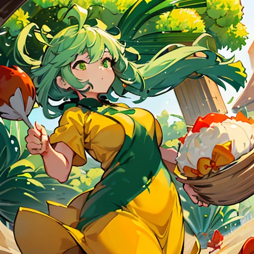 A mustard girl floats with a procession of oversized fresh spring roll balls.、Amazing dynamism、Amazing Angle、unstable buoyancy sandstorm、(((Many friendly oversized green onions are floating and multiplying.)))、(((surround each other'extra large crab fried rice)))
