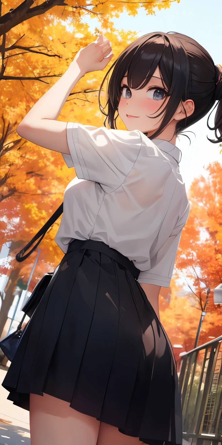 quality、image quality、masterpiece、12year old girl、Skin glosuttock emphasized backward view、Emphasis on the buttocks、动态超特写从下往上看胸稍The large、稍微强调田径运动员的The large腿运动服:1.5)、face reality、A smile on your face、Autumn leaves、Various sexy poses, The large, perfect pubic, pronounced cheeks