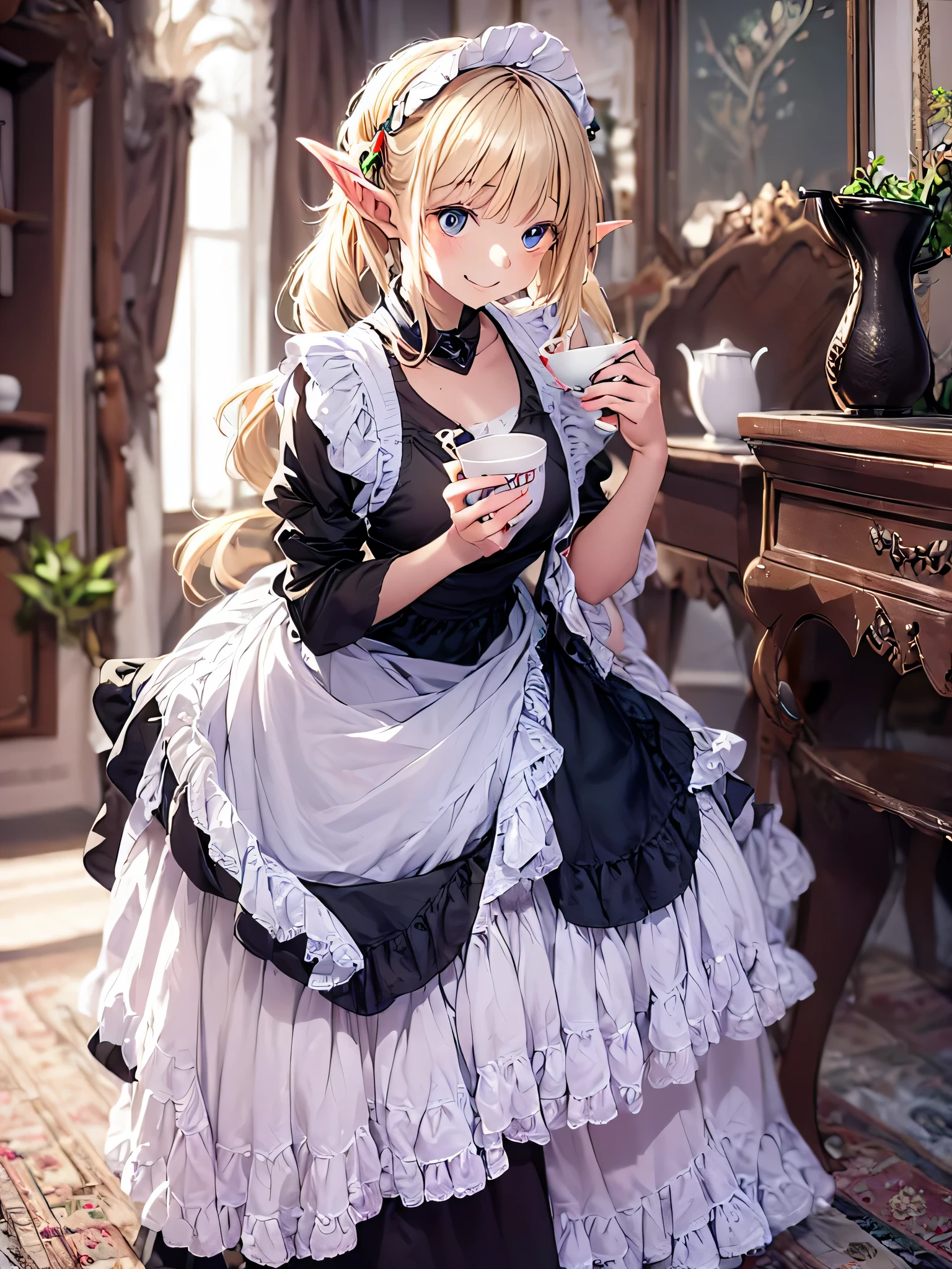 elf girl solo, smiling gentry,  silver blonde twintail hair, black long maid dress, She is drinking tea in an antique teacup