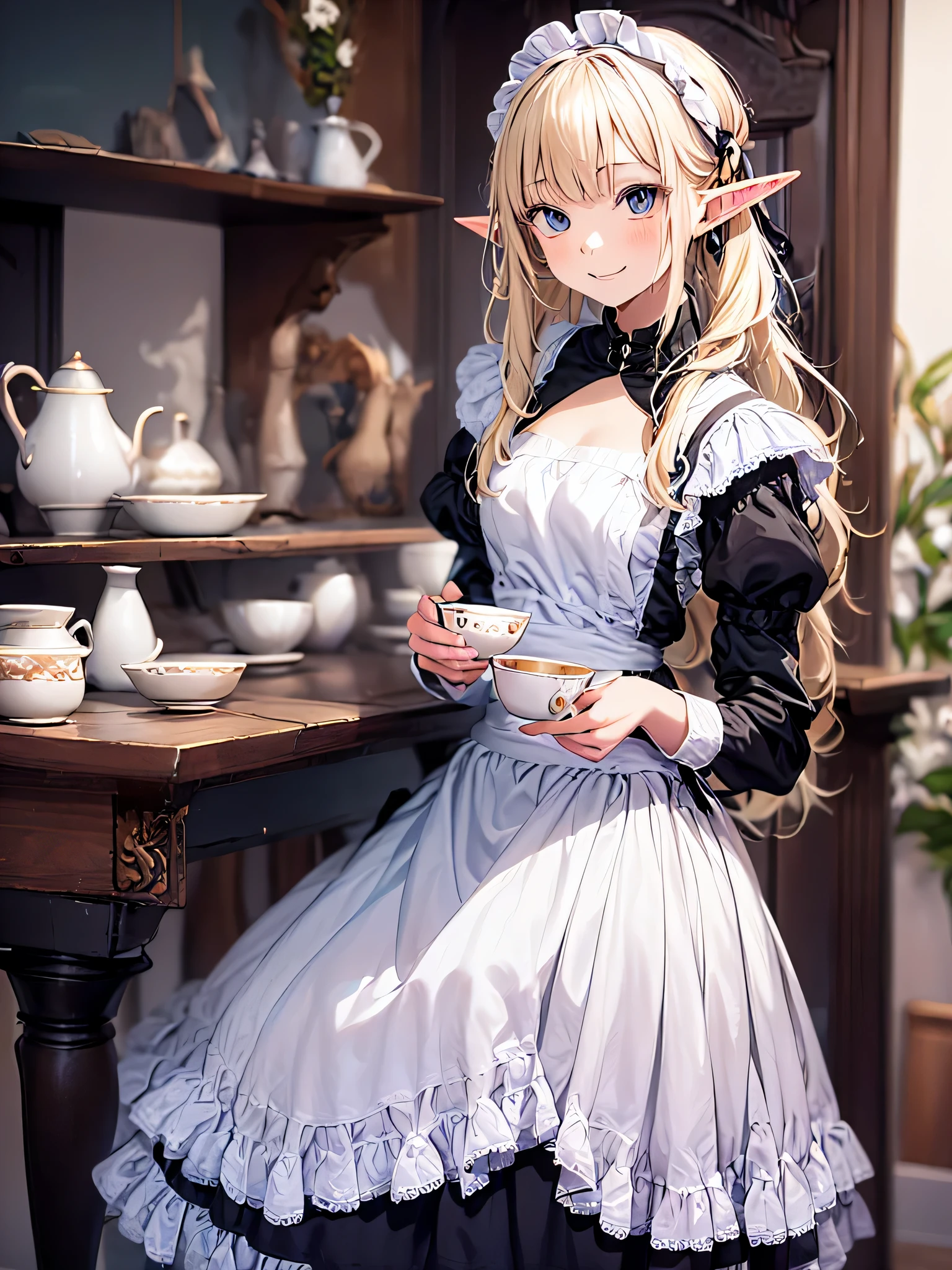 elf girl solo, smiling gentry,  silver blonde twintail hair, black long maid dress, She is drinking tea in an antique teacup