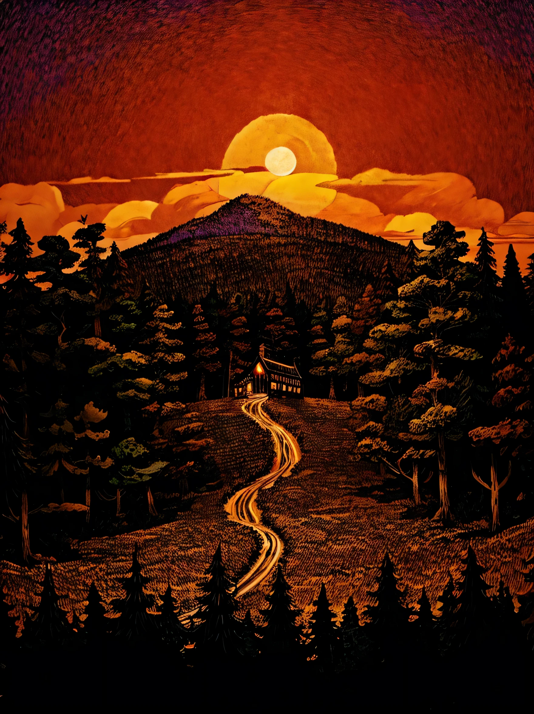 Mysterious mountain cabin nestled amongst dense, psychedelic forests, with a breathtaking sunset sky casting vibrant, warm hues of purple, pink and orange, creating an atmosphere of curiosity and intrigue.