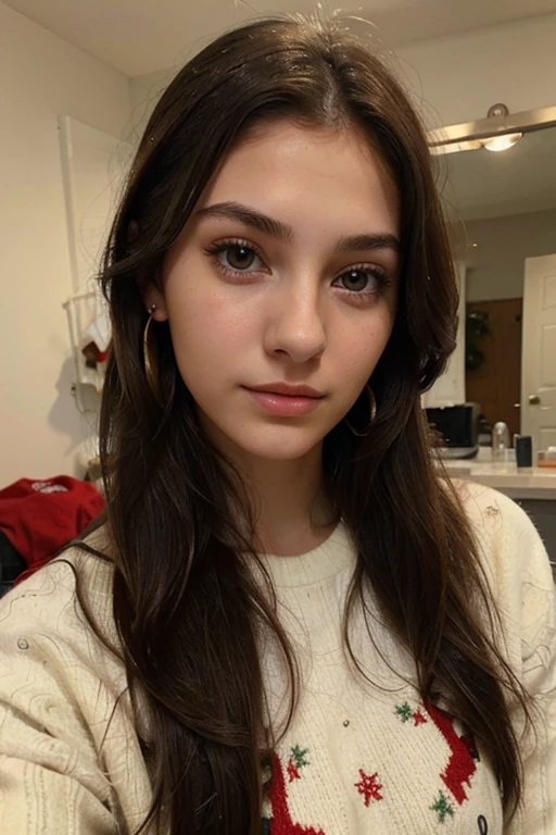 Photo of a 20-year-old brunette woman, who has a very natural face, thin lips, thin eyes, thin eyebrows, thin nose, earrings, and long eyelashes. She wears a christmas jumper