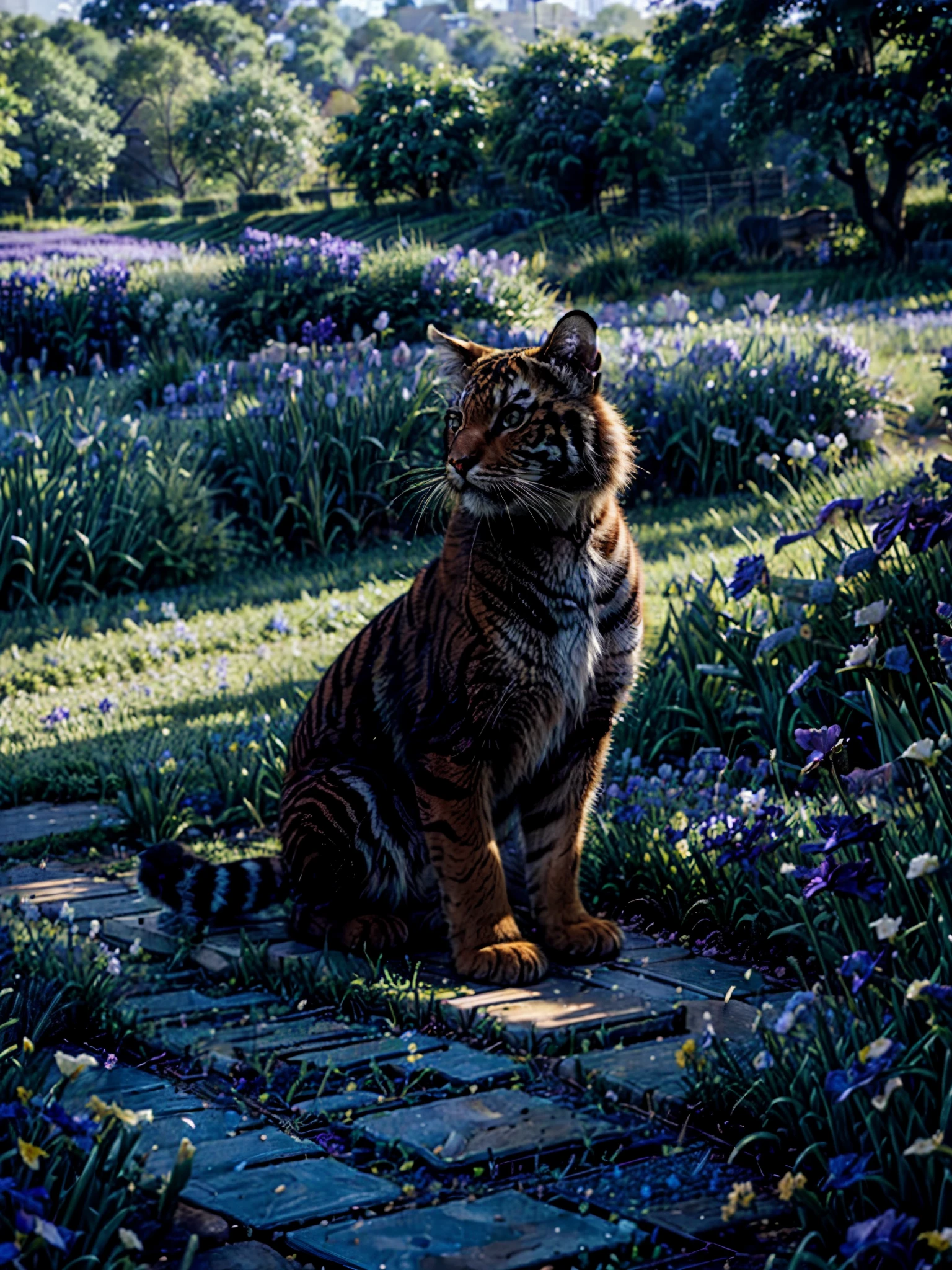 cat in field of irises, nikon 400, 8k, UHD, hyperrealistic cat, perfect anatomy, high definition, gorgeous cat, tiger, irises, flowers, flower field, hyperrealistic iris flowers