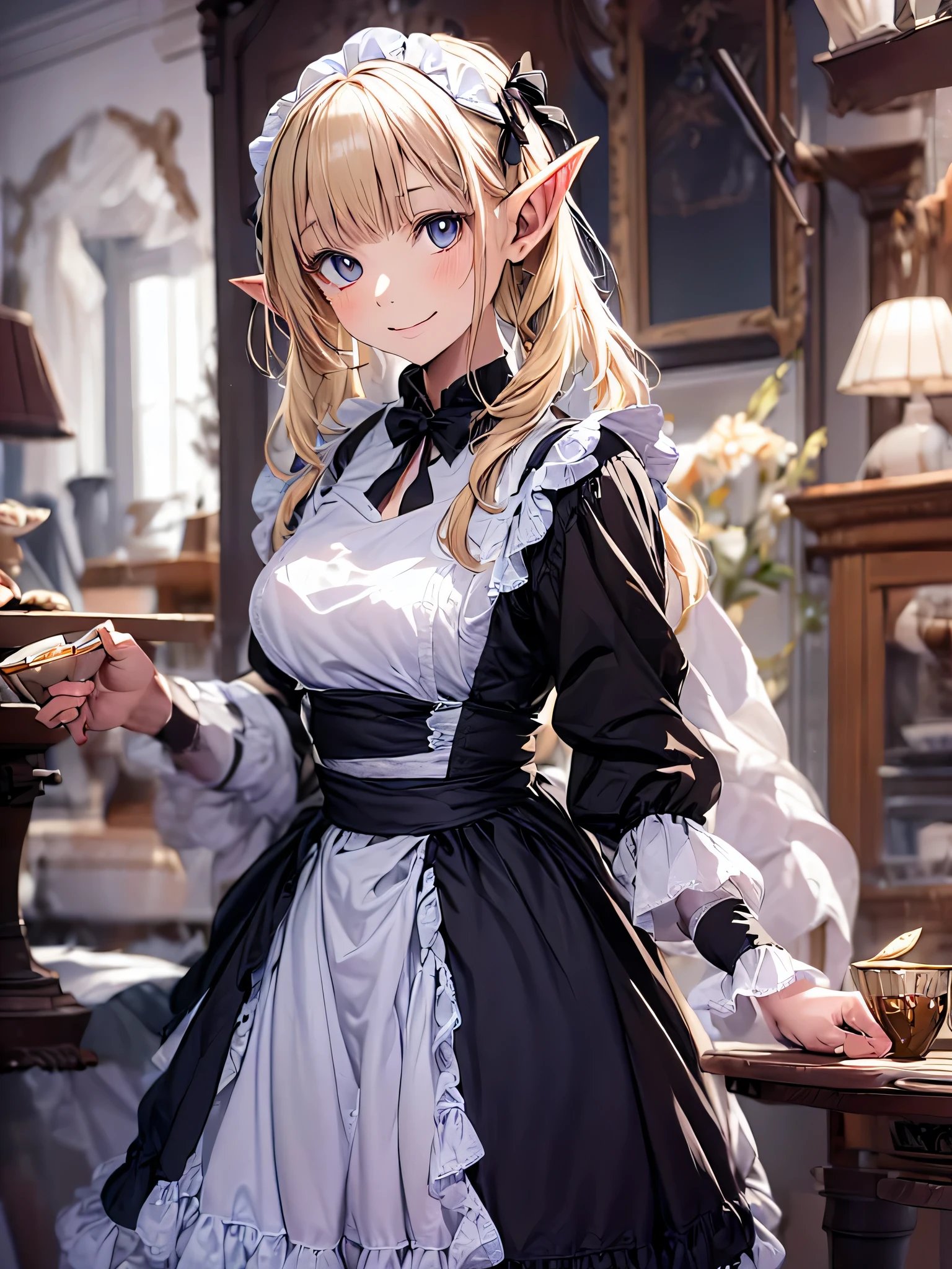 elf girl solo, smiling gentry,  silver blonde twintail hair, black long maid dress, She is drinking tea in an antique teacup