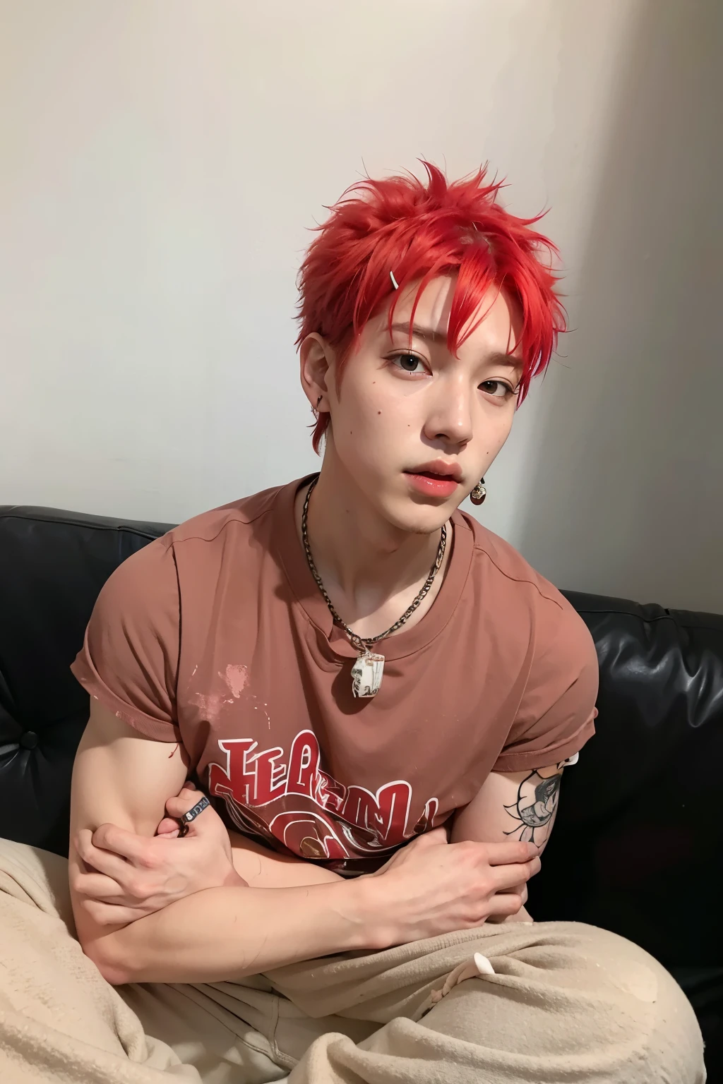 arafed man with red hair sitting on a couch with his arms crossed, cai xukun, messy spiked red hair, with red hair, hong june hyung, hyung tae, with pink hair, handsome japanese demon boy, red dyed hair, red haired  boy, 18 years old, taejune kim, kanliu666, portrait of a male punk