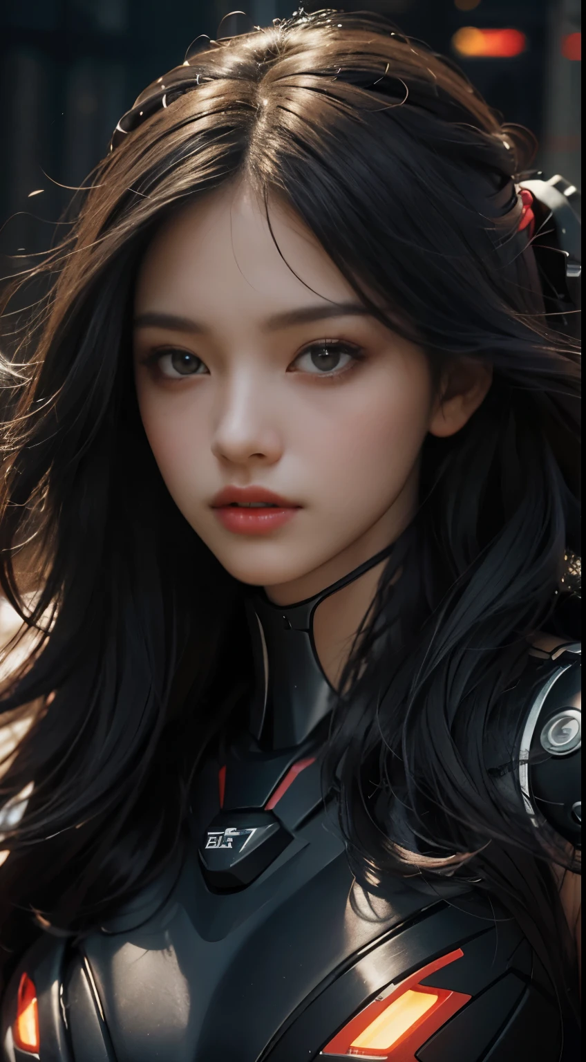 Best image quality, outstanding detail, ultra high resolution, (realism: 1.4), best illustration, prefer details, highly condensed 1girl, delicate and beautiful face, dressed in black and red mecha, big, long hair, disheveled hair, tiara, riding a motorcycle, background is a futuristic city high-tech lighting scene