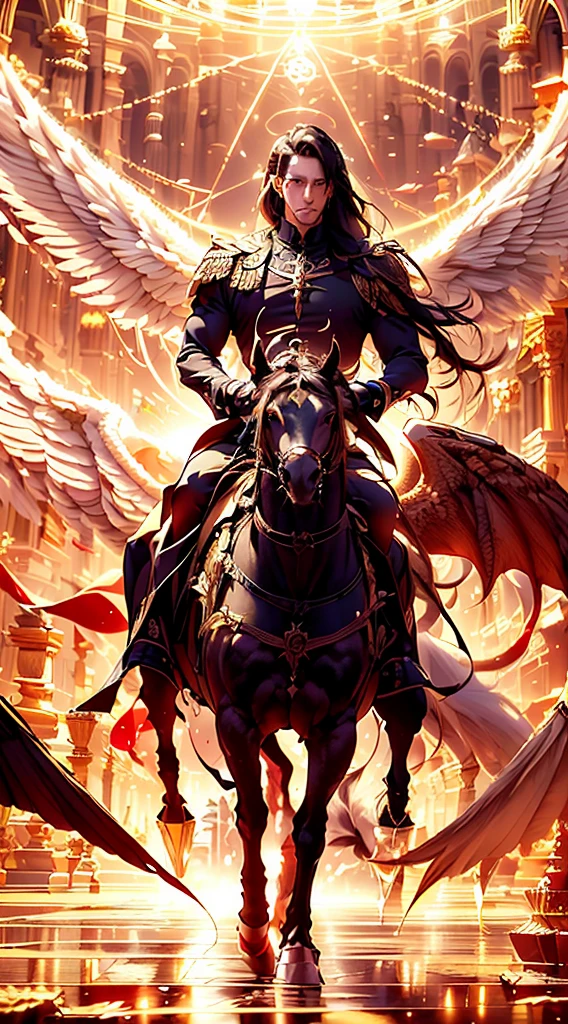 (master-piece:1.3),(bestquality:1.2),10,Absurd,Unity wallpaper 10,(Very detailed:1.3),highest, (1 man,handsome), ((Separate theme,gallop)), (long straight hair,long and handsome), Heterochromia, (White Hair,Black Hair), (angel,Demons), (White wings,black wings)